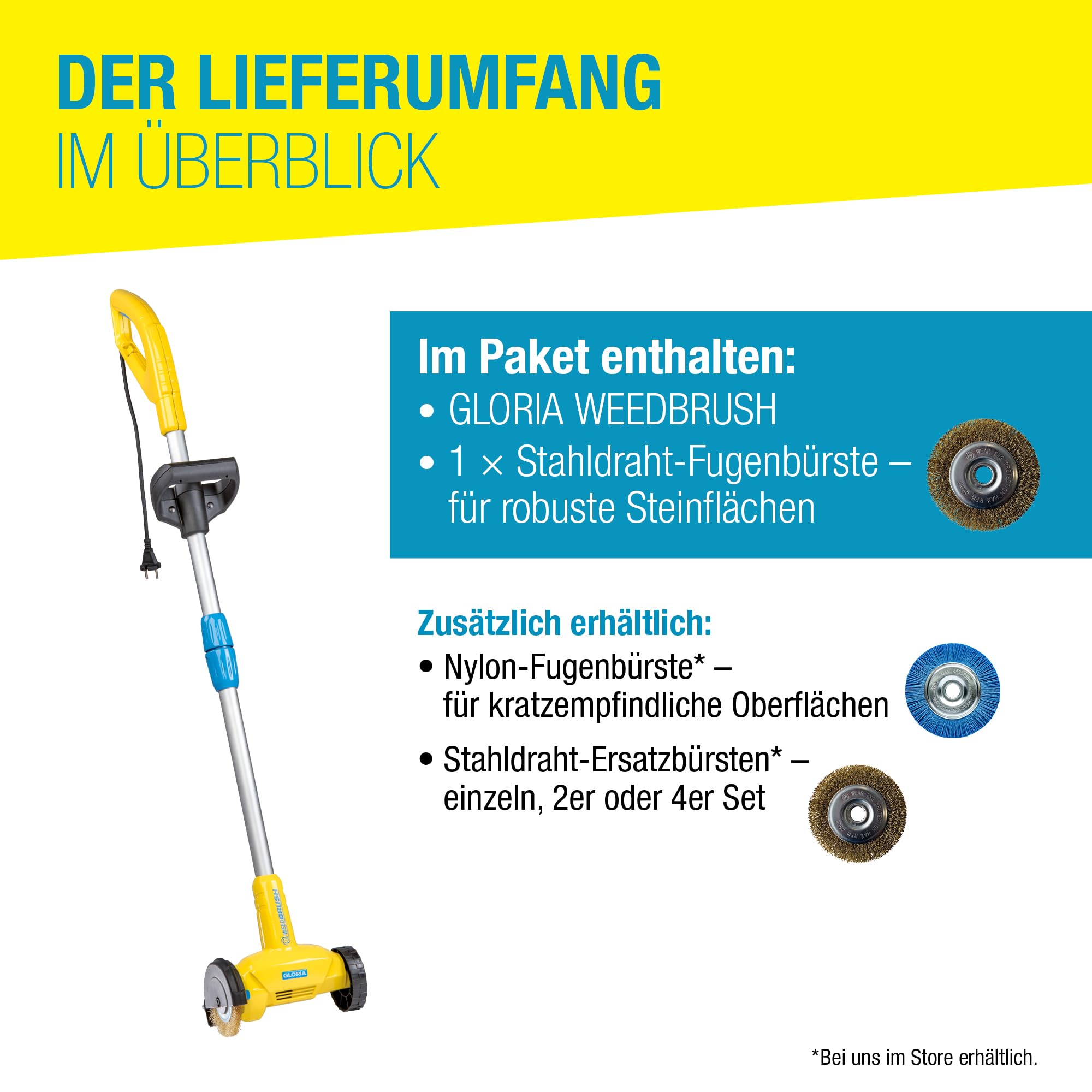GLORIA Fugenbürste WeedBrush | Elektrischer Unkrautvernichter & Fugenreiniger | Fugenkratzer für Pflasterfugen, Terrassenplatten & Wege | Kabelgebundene Unkrautbürste 230V inkl. Stahldraht-Bürste