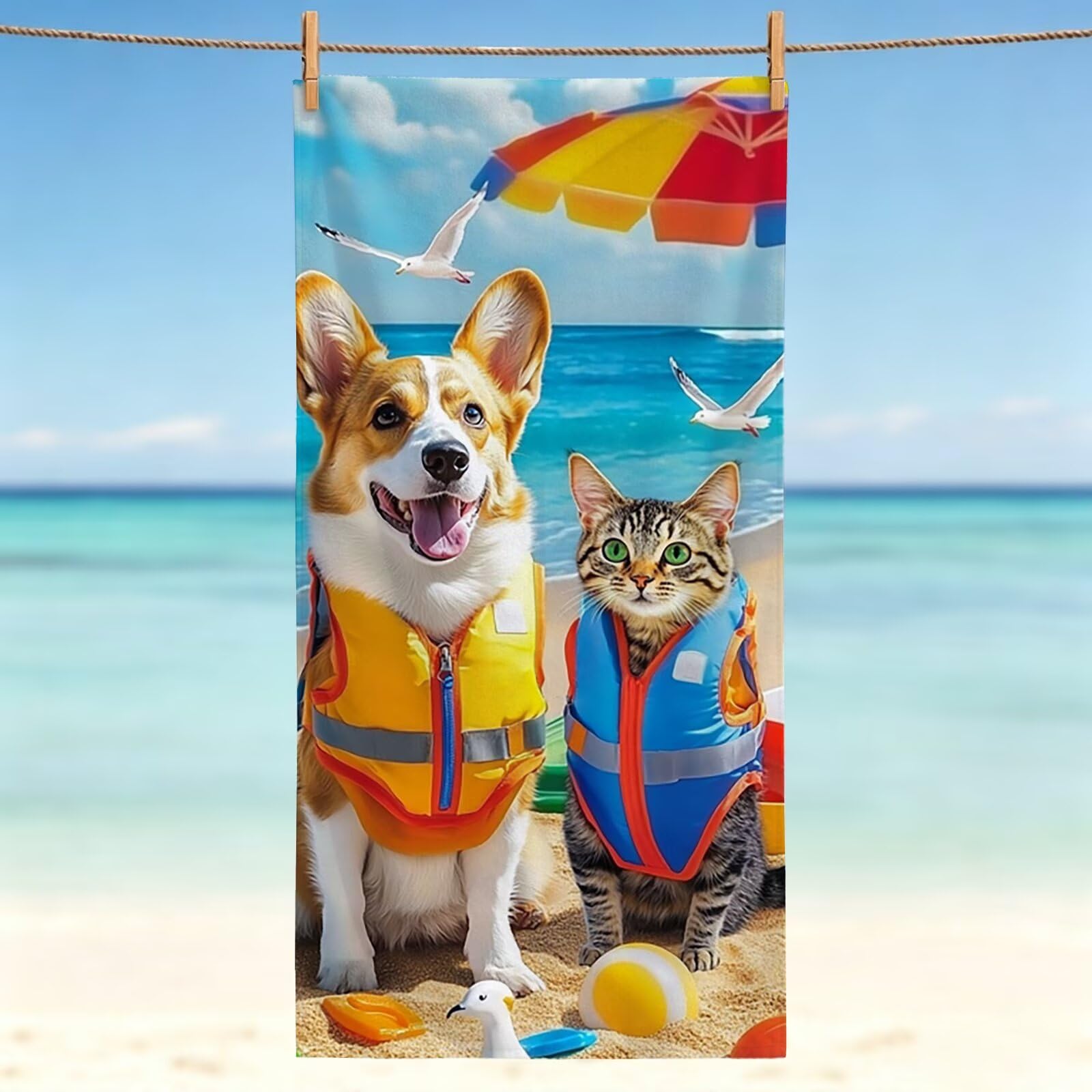 Serviette de plage microfibre 200x100 cm grand drap de bain anti-sable motif chien
