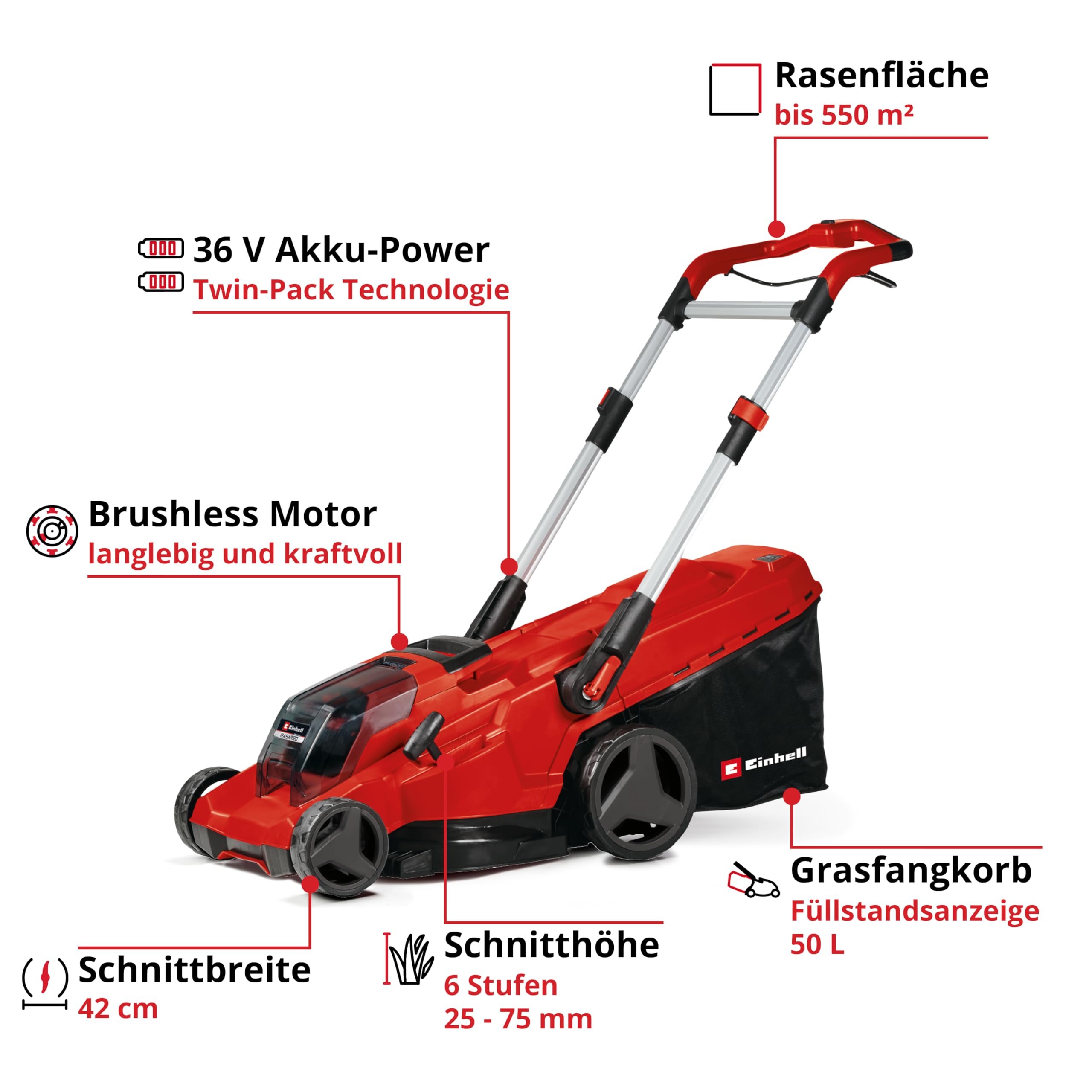 Einhell Akku-Rasenmäher RASARRO 36/42 Kit Power X-Change (36 V, 42 cm Schnittbreite, bis 550 m², Brushless, Mulchfunktion, 50L Fangkorb, inkl. 2X 4,0 Ah Akkus + Ladegerät)