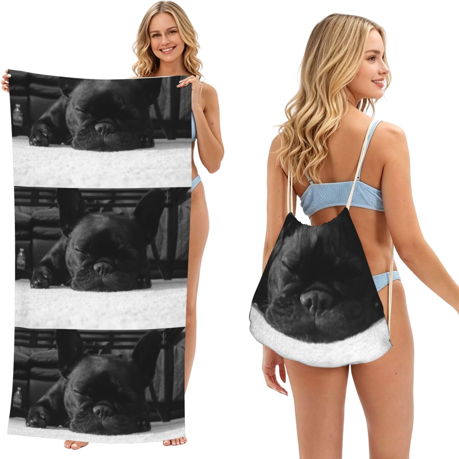 Poadnly As Picture French Bulldog, 2 In 1 Packable Towel Bag, Beach Towels With Drawstring Backpack For Travel Holiday Camping