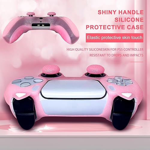 Miniatura 4 de Funda de silicona antideslizante con purpurina de gato rosa compatible con controlador PS5SlimPro, 8 tapas de agarre para pulgar con purpurina y 2