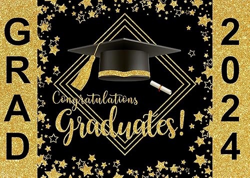 Avezano Telones de fondo de graduación de 8 x 6 pies 2024 negro y dorado Felicidades Graduado Fotografía Fondo Graduación Graduación Fiesta Banner