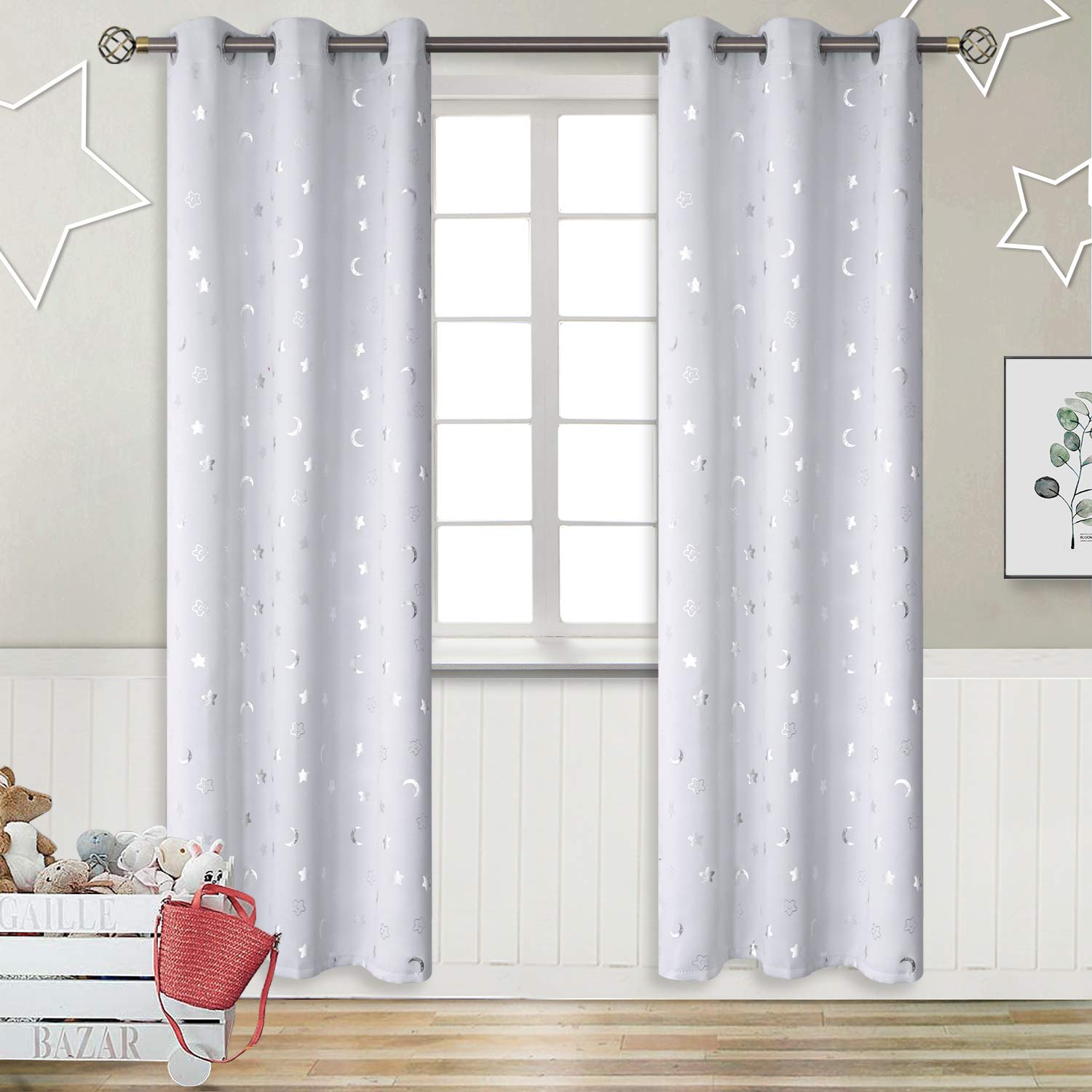 BGment Nursery Curtains for Kids Room, Star and Moon Blackout Curtains for Girls Boys Bedroom, Room Darkening Thermal Insulated Decor Window Grommet Curtains, 2 Panels, 42 x 84 Inch, Greyish White