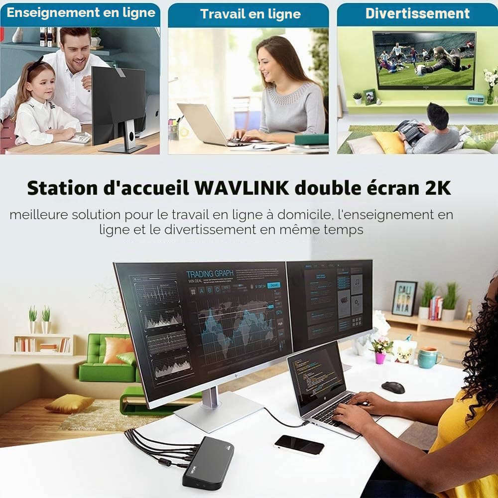 Wavlink USB3.0 Universelle Docking Station Multifonction avec Dual Video Display Outputs HDMI/DVI/VGA jusqu'à 2048 x 1152, Gigabit Ethernet, Audio, 6 Ports de USB pour MacBook Neo, Ultrabook et Pcs