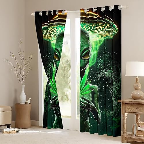 Vista 3 de Erosebridal Trippy - Cortinas de alienígena, cortinas opacas de marihuana verde, modernas cortinas psicodélicas OVNI para ventana, tratamientos