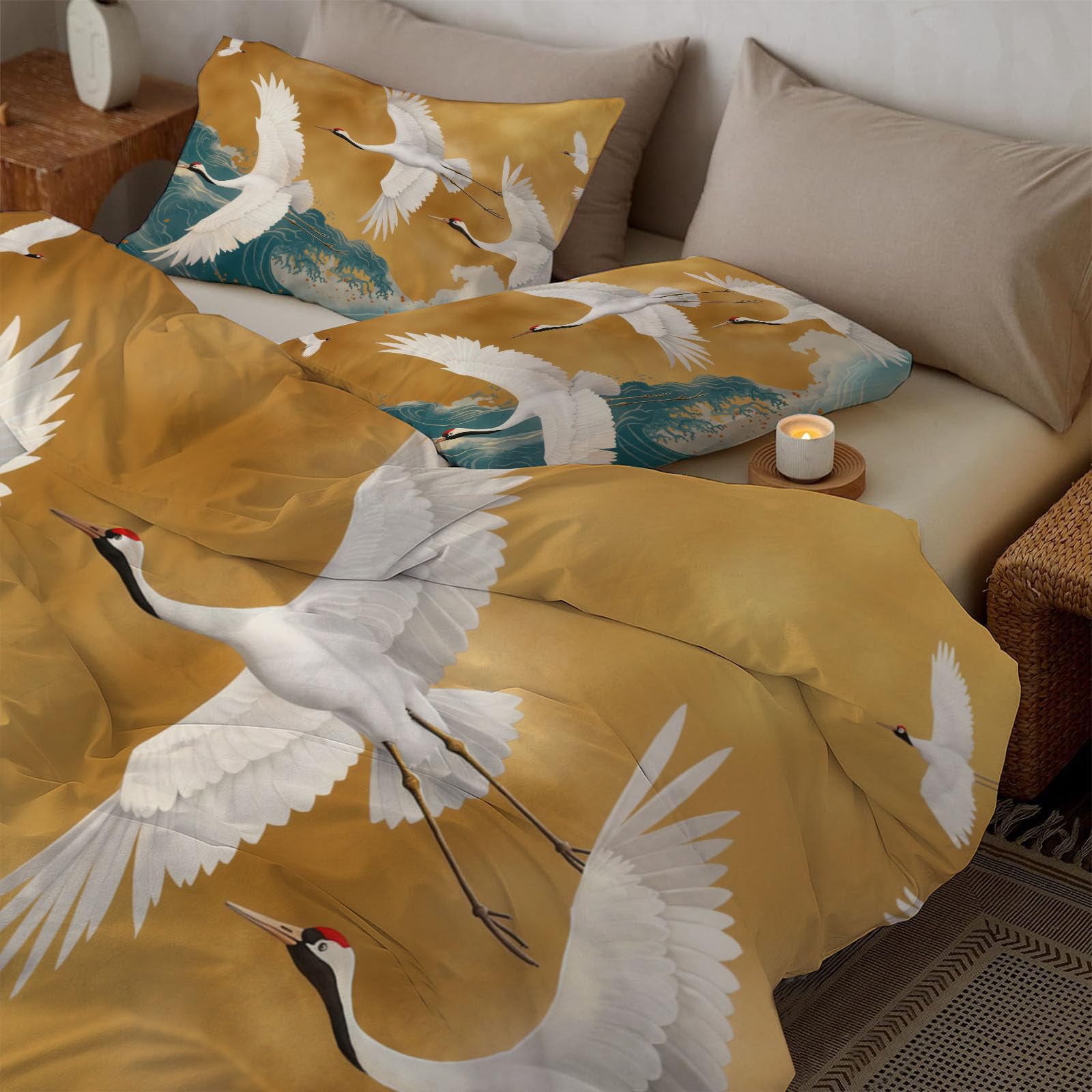 Parure de lit grue blanche 240x260cm avec housse de couette motif animal luxe rétro adulte