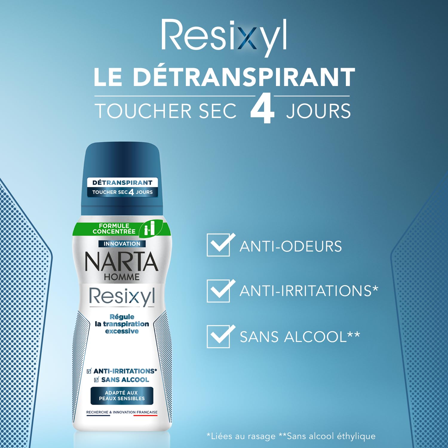 NARTA - Resixyl - Deodorante spray compresso da uomo - Deodorante tattile secco 4 giorni - Sudorazione eccessiva - Anti-irritazioni* - 0% alcool** - Pelle sensibile - Anti traccia bianca - 100 ml -