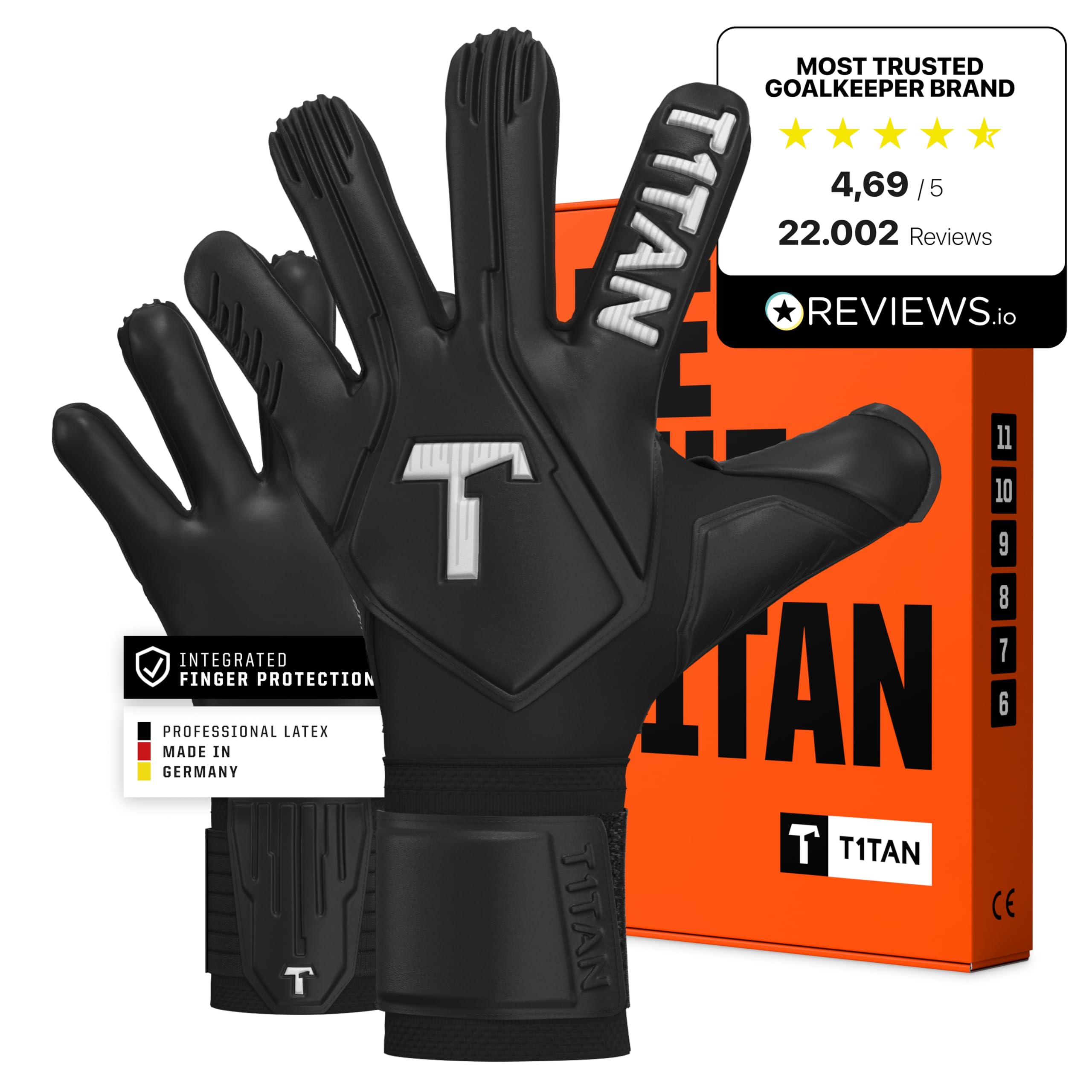 T1TAN Legend Profesional Guantes de Portero con protección para los Dedos para Entrenamiento y Partido, niños y Adultos, Talla 6-11