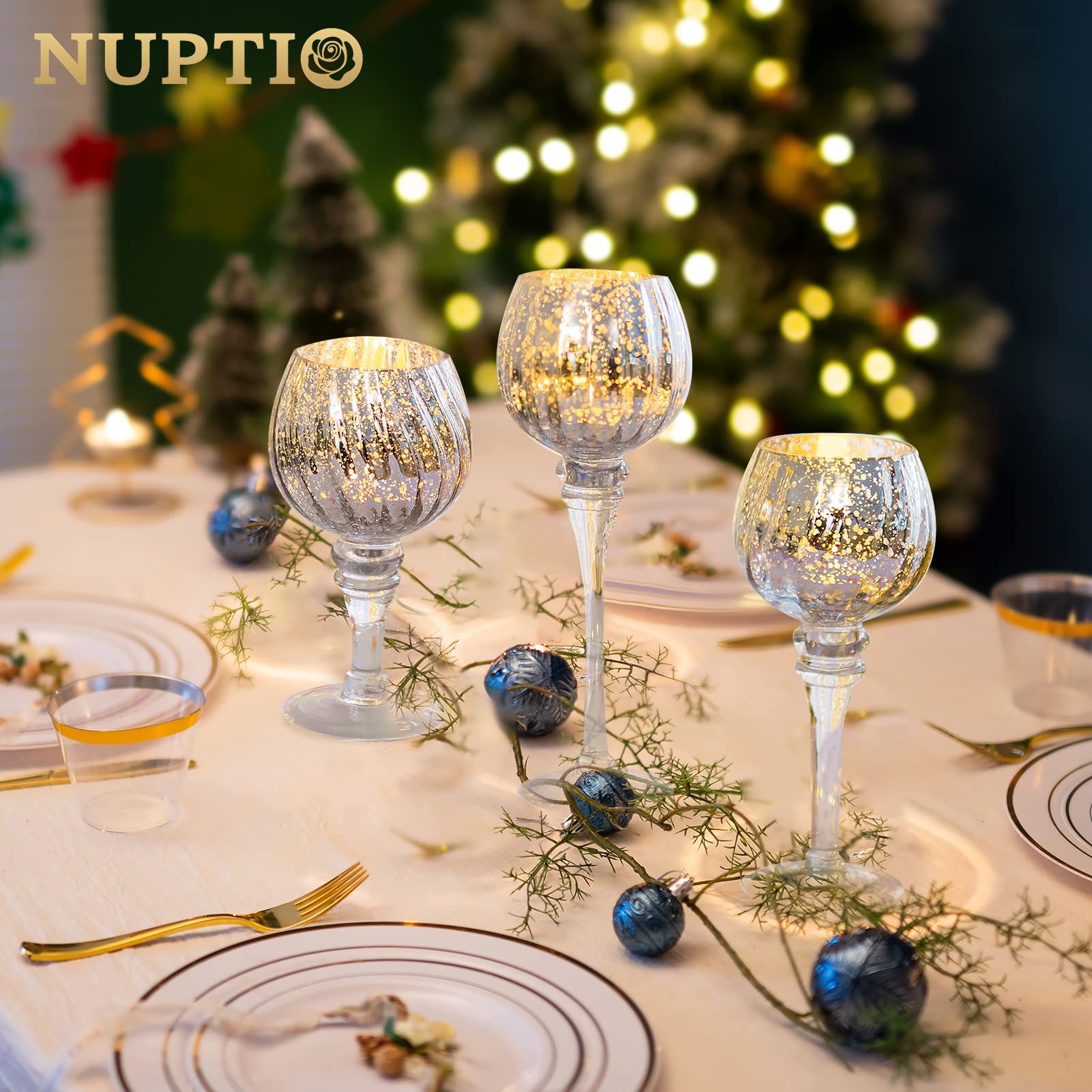 Nuptio Portacandele in Vetro 3 Pezzi Alti Portacandela al Mercurio Grande Porta Candele Argento in Vetro Lungo Stelo Pilastro Centrotavola per Festa Nozze Mantello Natale Decorazione Camino