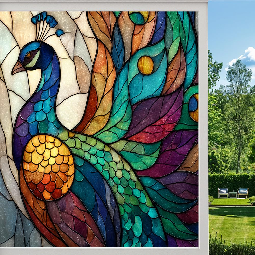 Colorful Peacock Stained Glass Window Film, Vintage Wild Bird Animal Peel and Stick Privacy Film, Frosted Adhesive Vinyl Decorative for Bathroom Windows Glass Doors, （45x60cm）