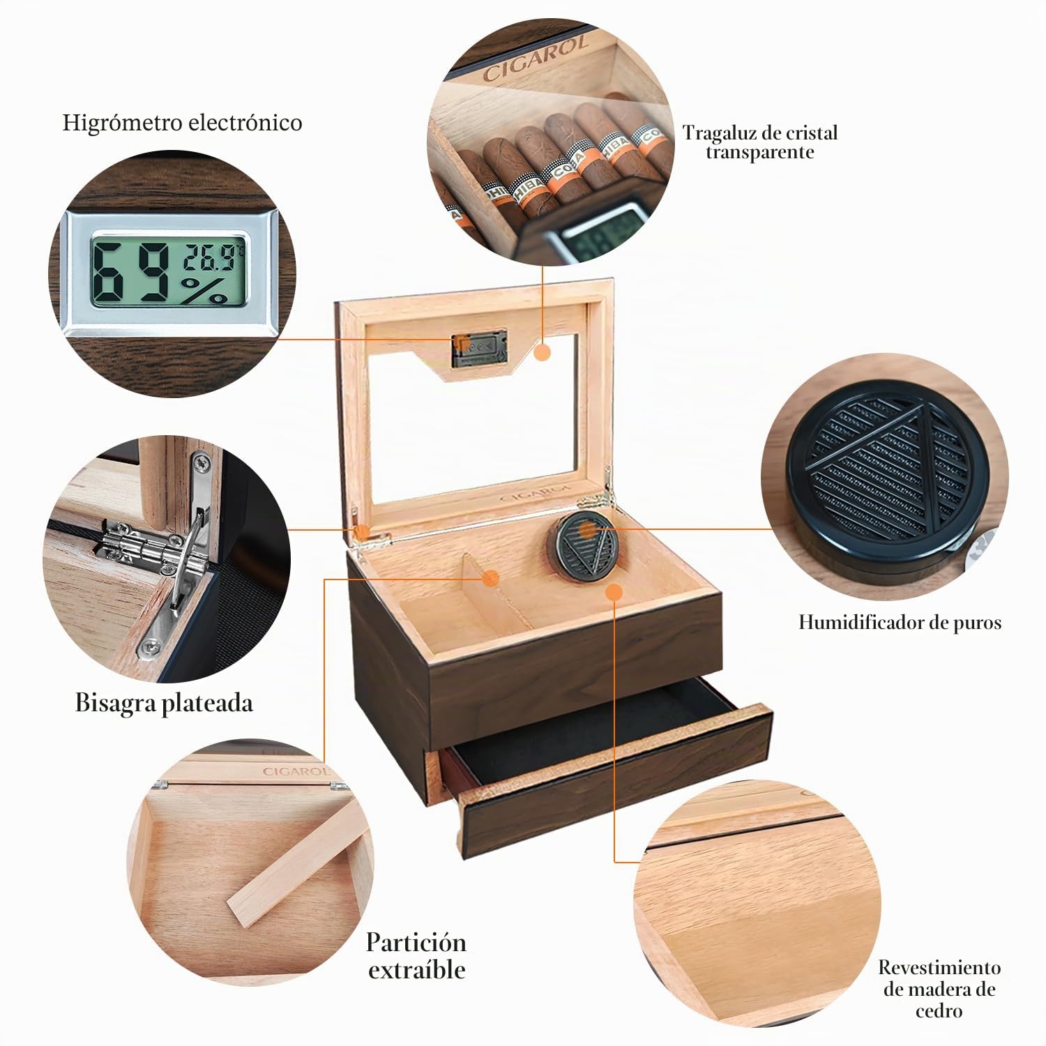 Humidor, Humidor Puros de Madera de Cedro con Higrómetro y Humidificador, Caja Puros Hecho a Mano con Cajón para 25-30 Cigarros, Grandes Regalos para Hombres (Puros no Incluidos)