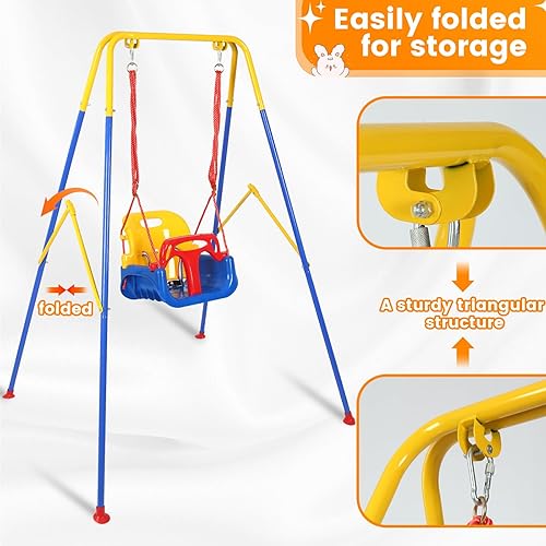 Miniatura 4 de Juego de columpio 3 en 1 para niños pequeños, soporte de silla hamaca con marco en A de metal, marco plegable para columpio, fácil de montar y