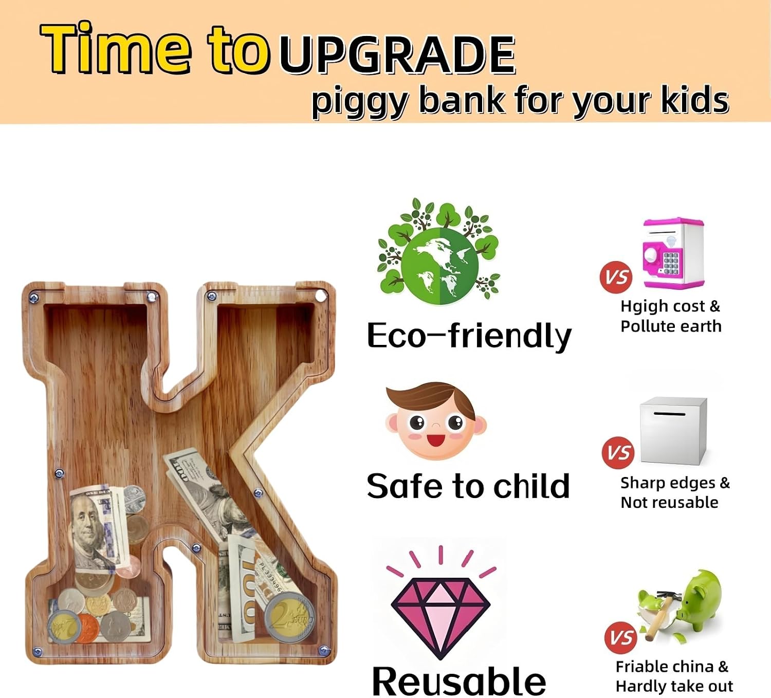 YWMSGM Large Wooden Letter Piggy Bank for Boys and Girls 26 Letter Piggy Bank Name Blessing DIY Custom Children's Day Gift (K) (kj01)