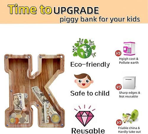 Miniatura 5 de Alcancía grande para niños y niñas, alcancía de madera personalizada con diseño recortado, bancos de monedas de letras del alfabeto, caja de ahorro