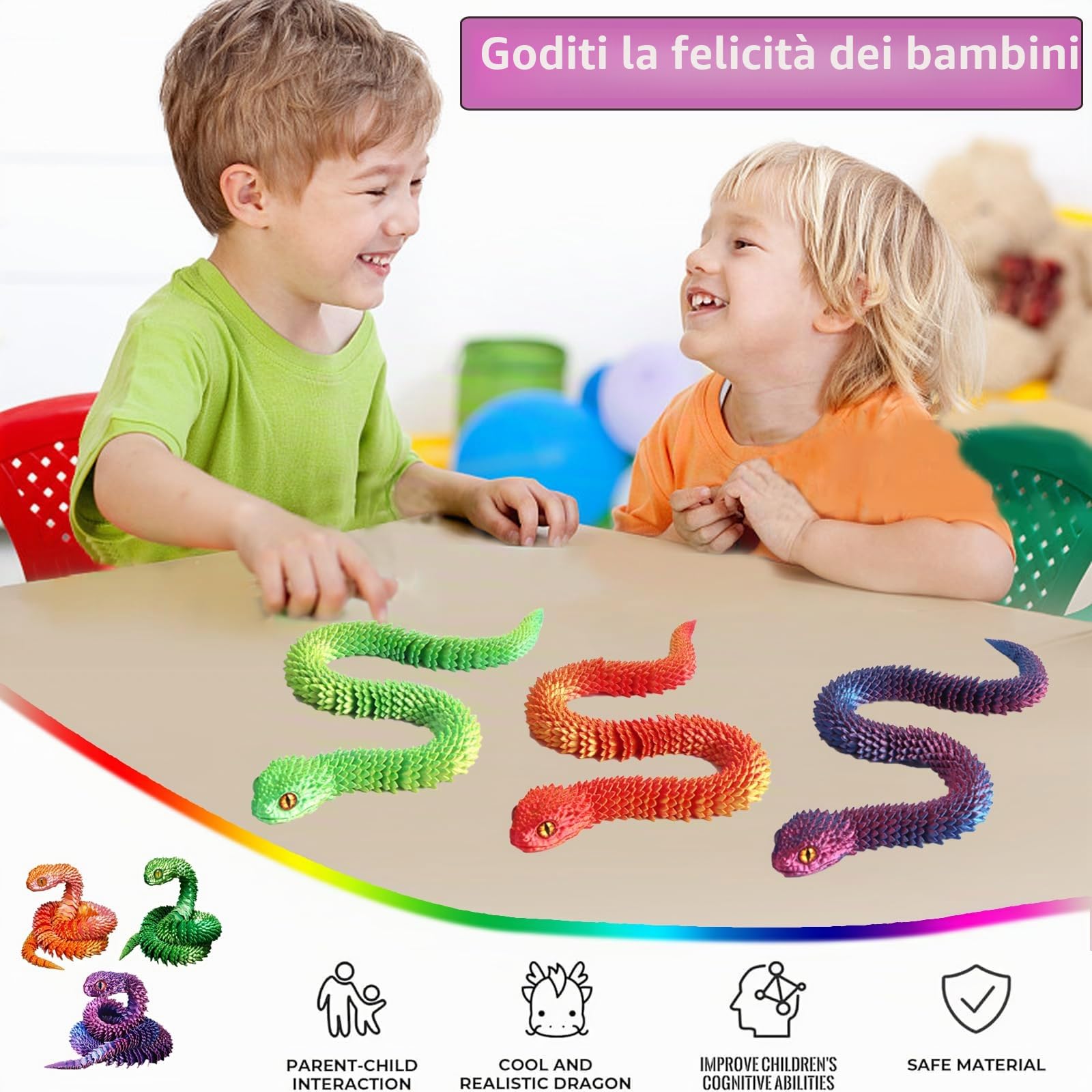 Set di serpenti animali stampati in 3D (28 cm, 3 pezzi) – Giocattoli flessibili articolati a forma di serpente per autismo/ADHD (viola, rosso, verde)