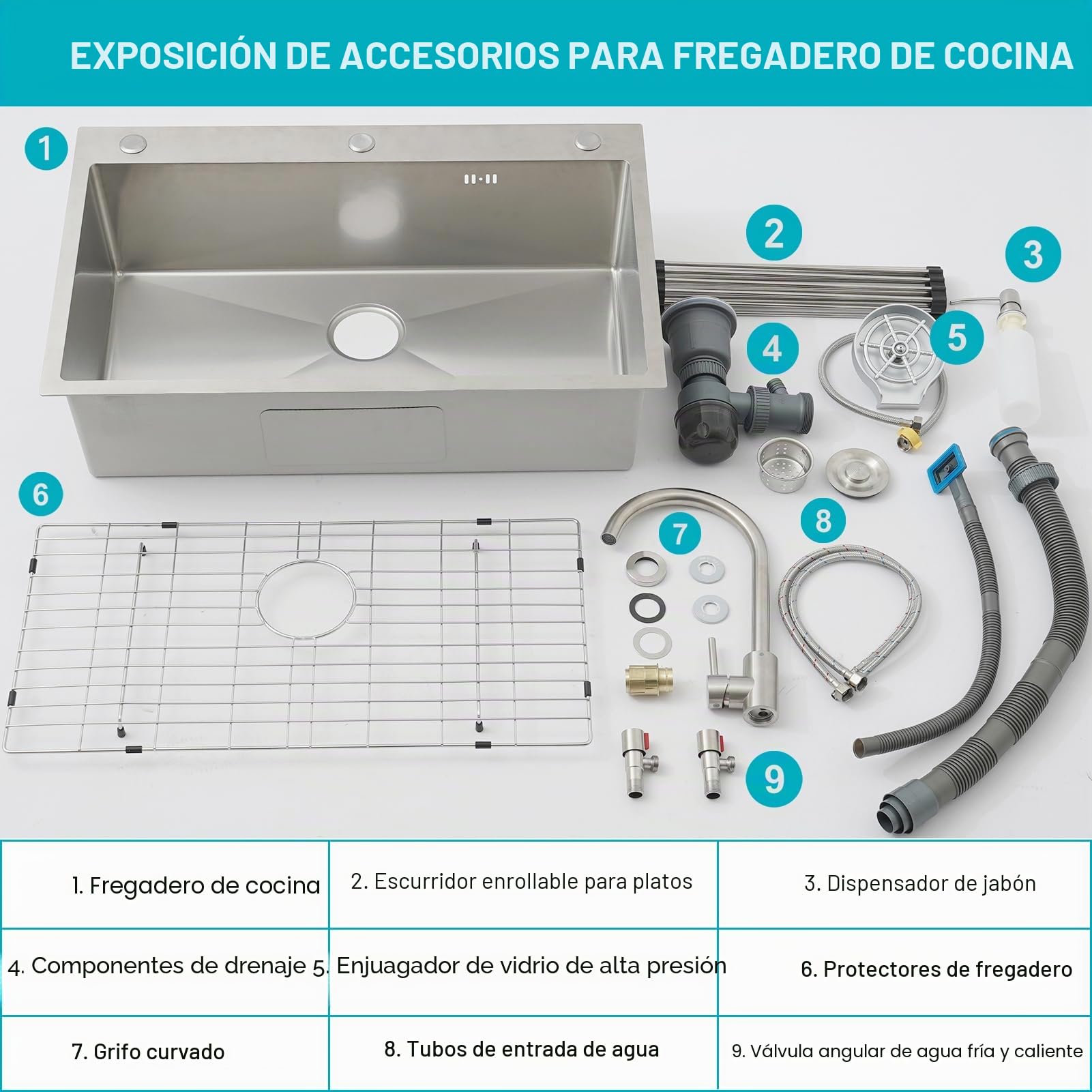 Fregadero de Cocina Profesional 80x50 de Acero Inoxidable Cepillado, Seno Único para Encimera o Empotrable, con Grifo, Escurridor, Estante, Dispensador de Jabón y Sifón - Moderno y Grande