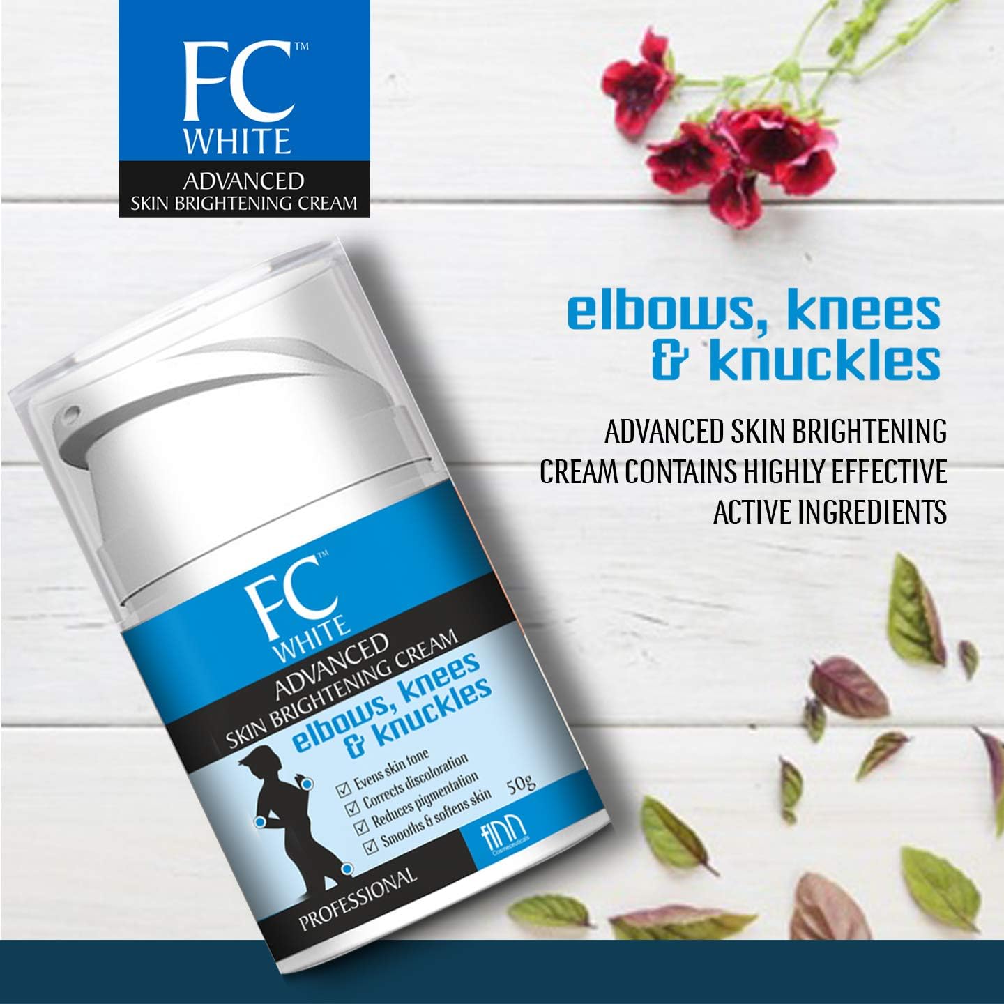 Finn Cosmeceuticals White Advanced Brightening Cream - For Elbows, Knees and Knuckles. Lightens, Softens, Smooths & Retexturizes, 50g