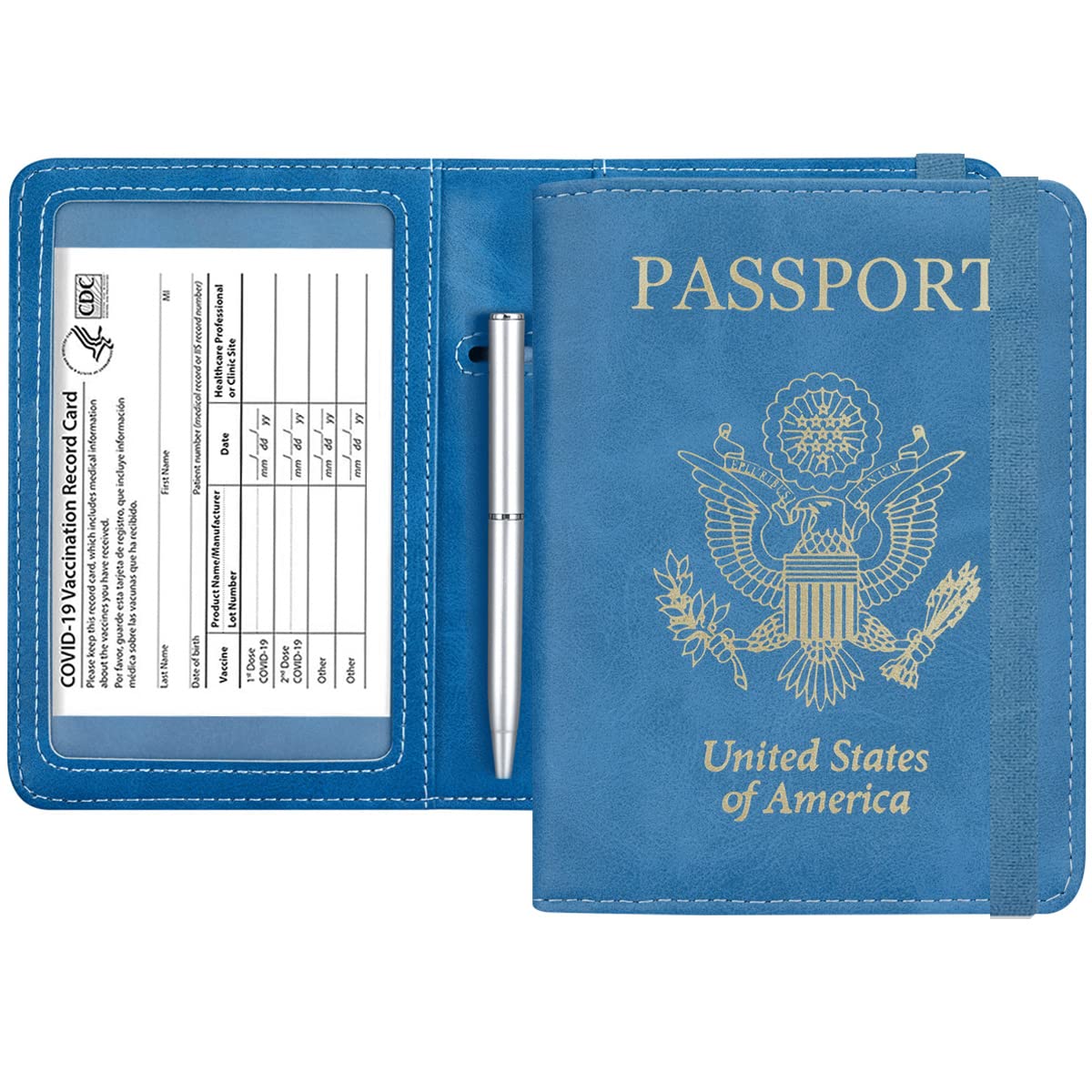Passport and Vaccine Card Holder Combo - HOTCOOL Leather RFID Blocking Wallet with Elastic Strap Travel Cover Case for Passport, with USA CDC Vaccination Card Slot, with Pen, Gold Light Blue