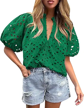 BETTE BOUTIK Women's Long Short Sleeve Tops 2025 Dressy Casual Button Hollow Out Lace Embroidered Blouses Shirts