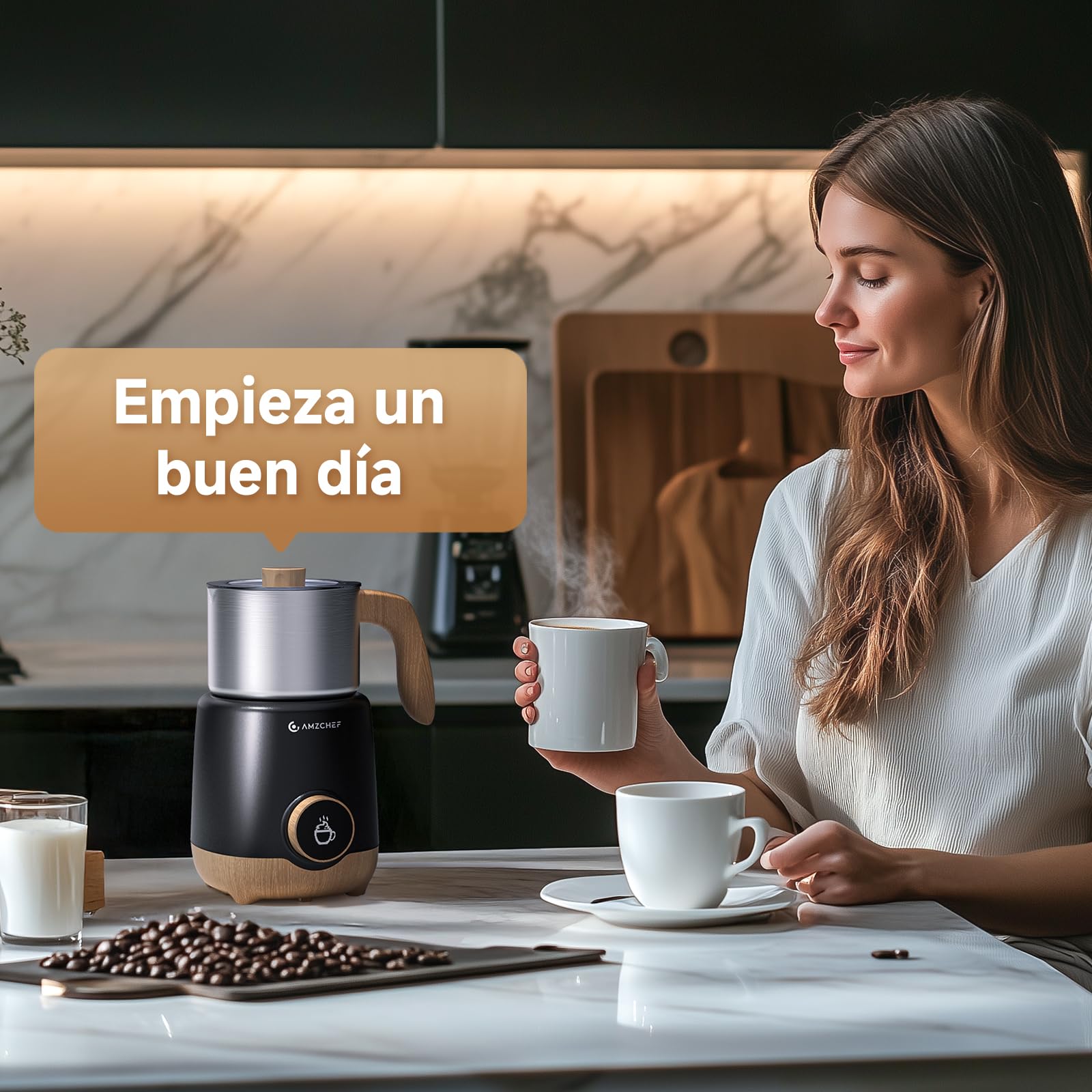 AMZCHEF Espumador de Leche Eléctrico 8 en 1, 550W y 600ml - Calienta Leche Fría/Caliente, Espuma Densas, Chocolate Caliente, Leche de Soja, Anti-quemadura, Fácil Limpiar, para Cappuccino y Latte