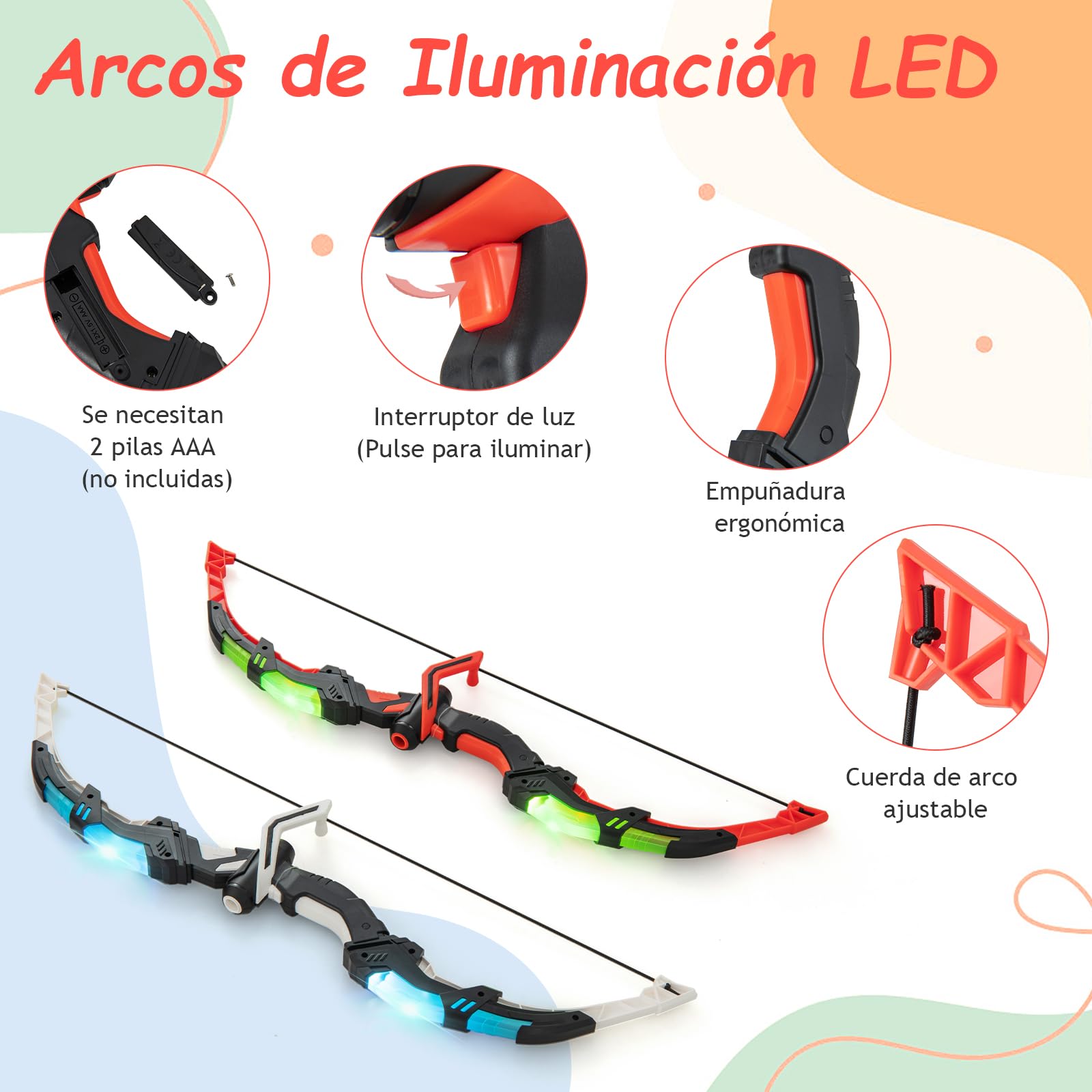 GOPLUS Juego de Arcos y Flechas para Niños, Set de Tiro con Arco LED con 20 Flechas con Ventosa, 2 Carcajs, Diana Desmontable, Set de Tiro al Aire Libre para Niños de 3 a 12 Años