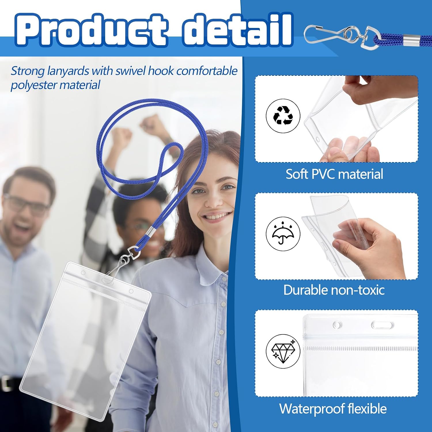 Chuangdi 100 Pcs Large 4 x 6 Inch Clear ID Badge Holder with Lanyard Waterproof Vertical Badge ID Card Holders Clear Plastic Tags Transparent PVC Pouch for Office (Blue Lanyard)