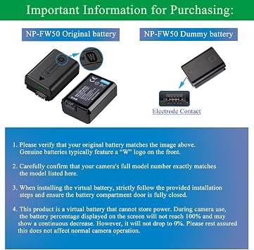 NP-FW50 Dummy Battery, for Sony ZV-E10 Dummy Battery, AC-PW20 Power Supply AC Adapter Kit, for Sony Alpha ZVE10 A6400 A6000 A6100 A6300 A6500 A7 A7II A7S A7SII RX10 II IV Cameras.