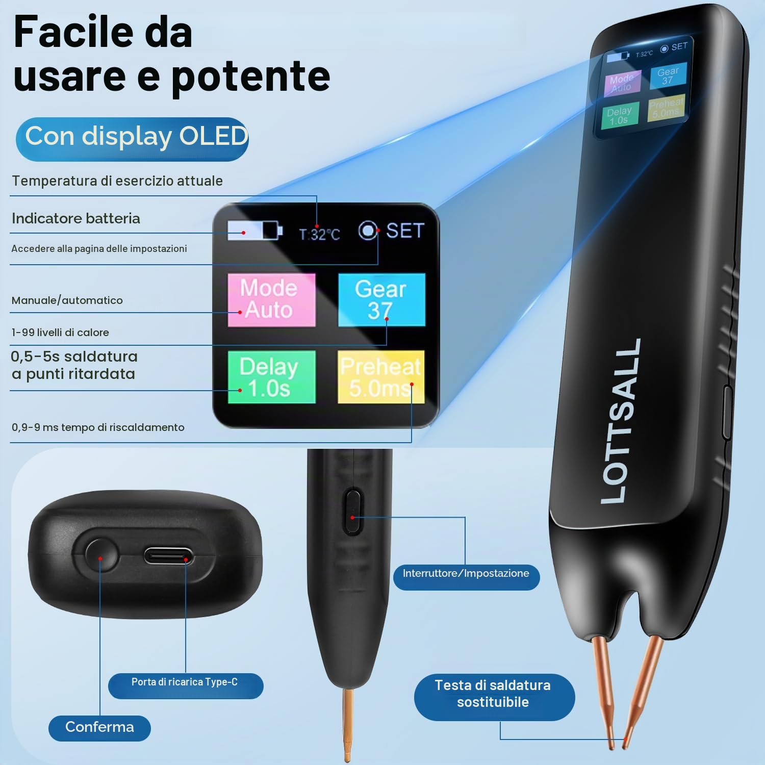 Saldatrice a punti con batteria, saldatrice a punti manuale con modalità automatiche e manuali, 99 velocità regolabili per batterie fai da te, indicatore LED