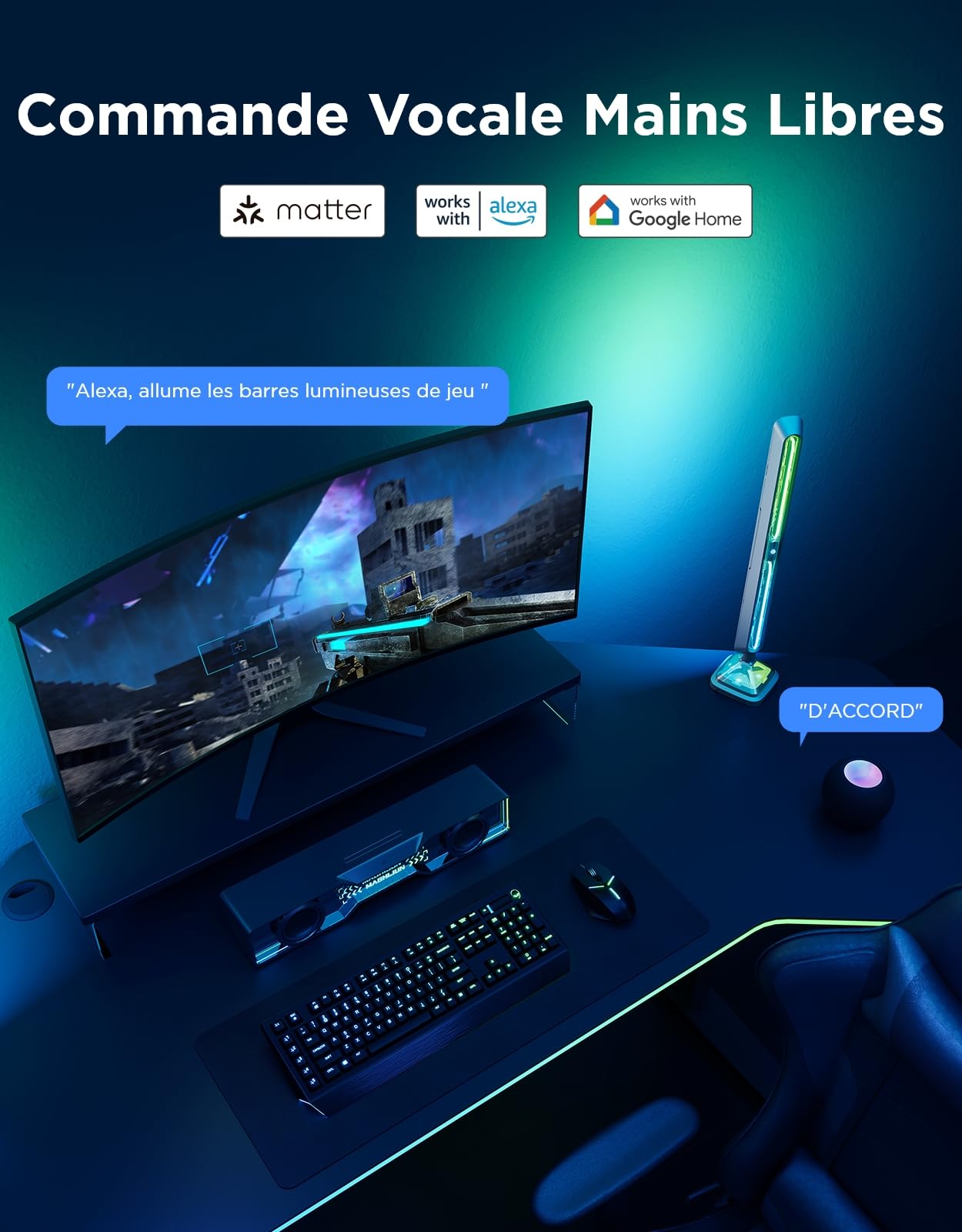 Govee Gaming Barre LED Pro, verbesserte 16-Zoll Smart LED Gaming Lichtleisten mit dreiseitiger RGBIC Beleuchtung und WLAN für PC, Monitor, 60+ Szenenmodi, funktioniert mit Alexa und Google Home