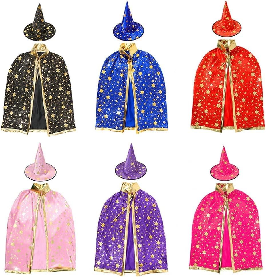 Polyester Blend Children Halloween Costumes Witch Cape With Pointy Hat For Girls Boys Kids Party Supplies One Black Set (4 To 14 Age) 1Pc