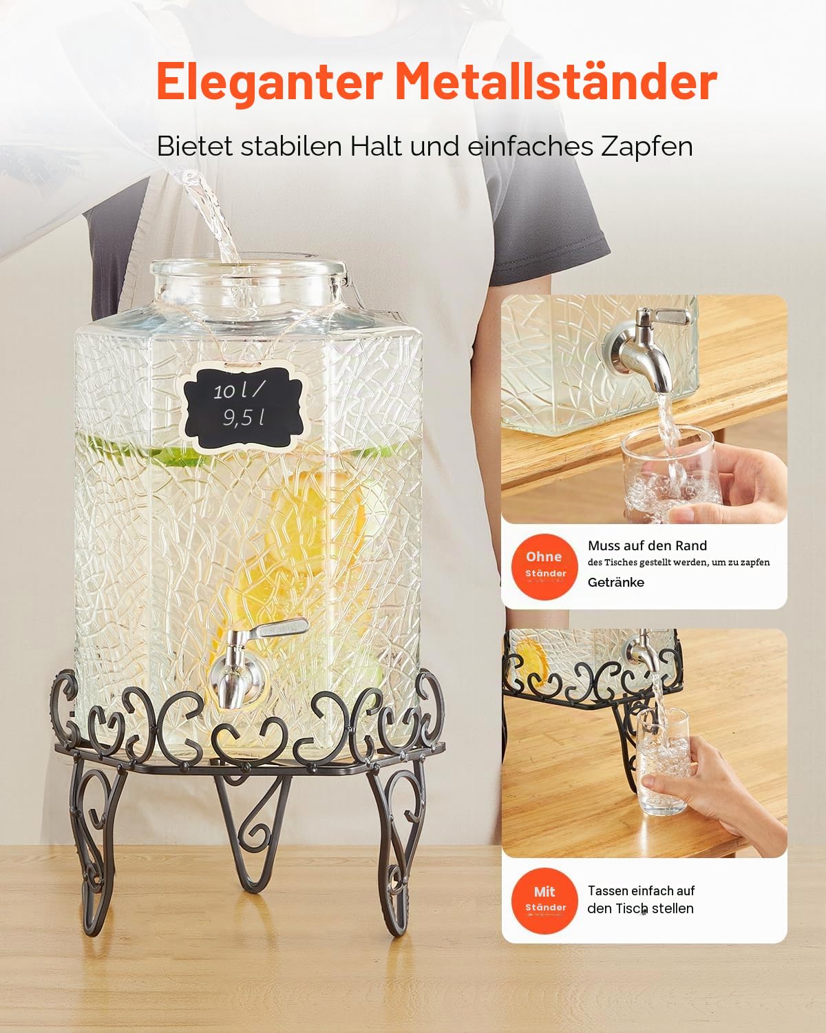 VEVOR Getränkespender (1 x 10 L) für Partys Saftspender (aus Glas) mit tropfsicherem Zapfhahn & Metallständer Wasserspender für Restaurants Partys, Limonade Eistee selbstgemachte Getränke Spender