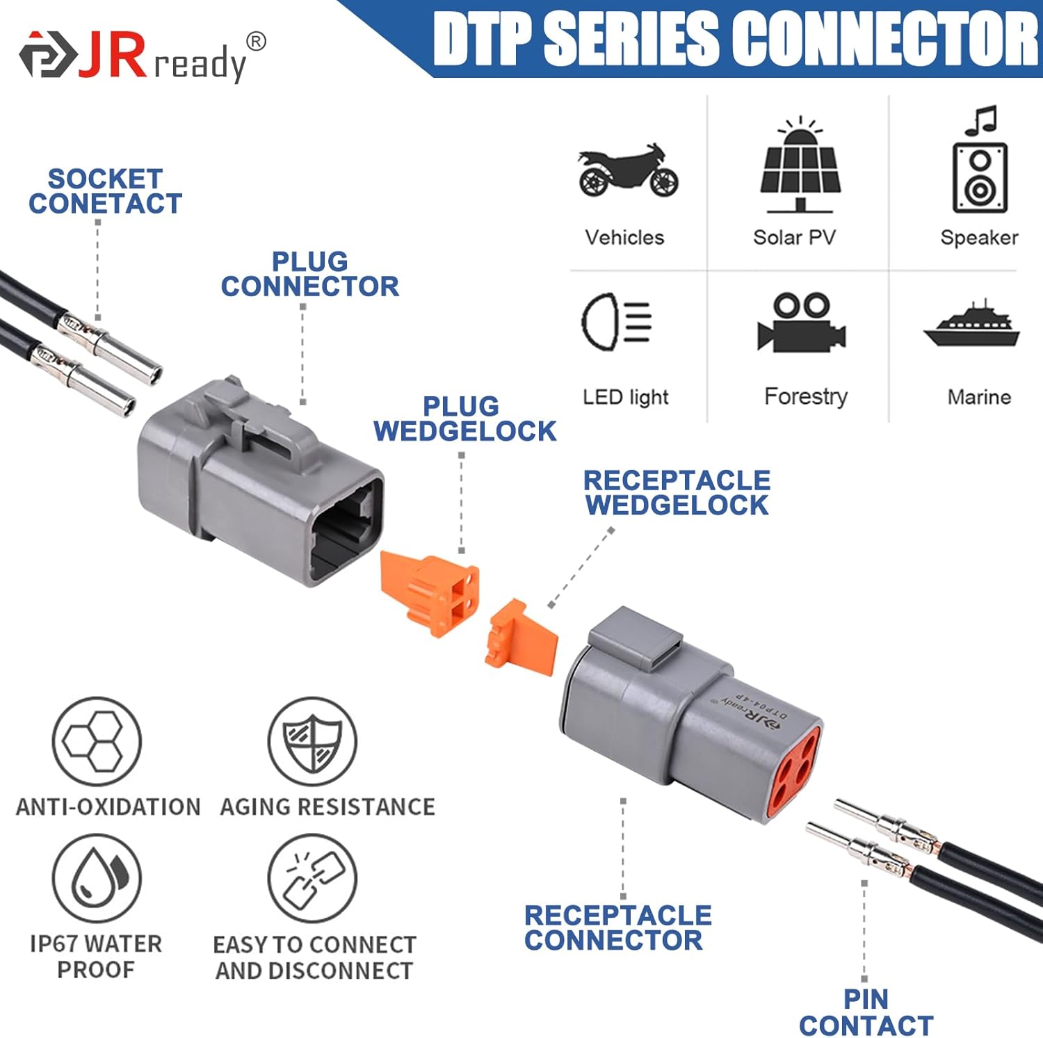 JRready ST6336 Deutsch Connector Kit with Crimper, DTP 2 4 Pin Waterproof Plug Connectors,Deutsch Crimp Tool with Size 12# Solid Contact,25A(MAX),Pin Remova Tool for Automotive,Vehicles,Marine