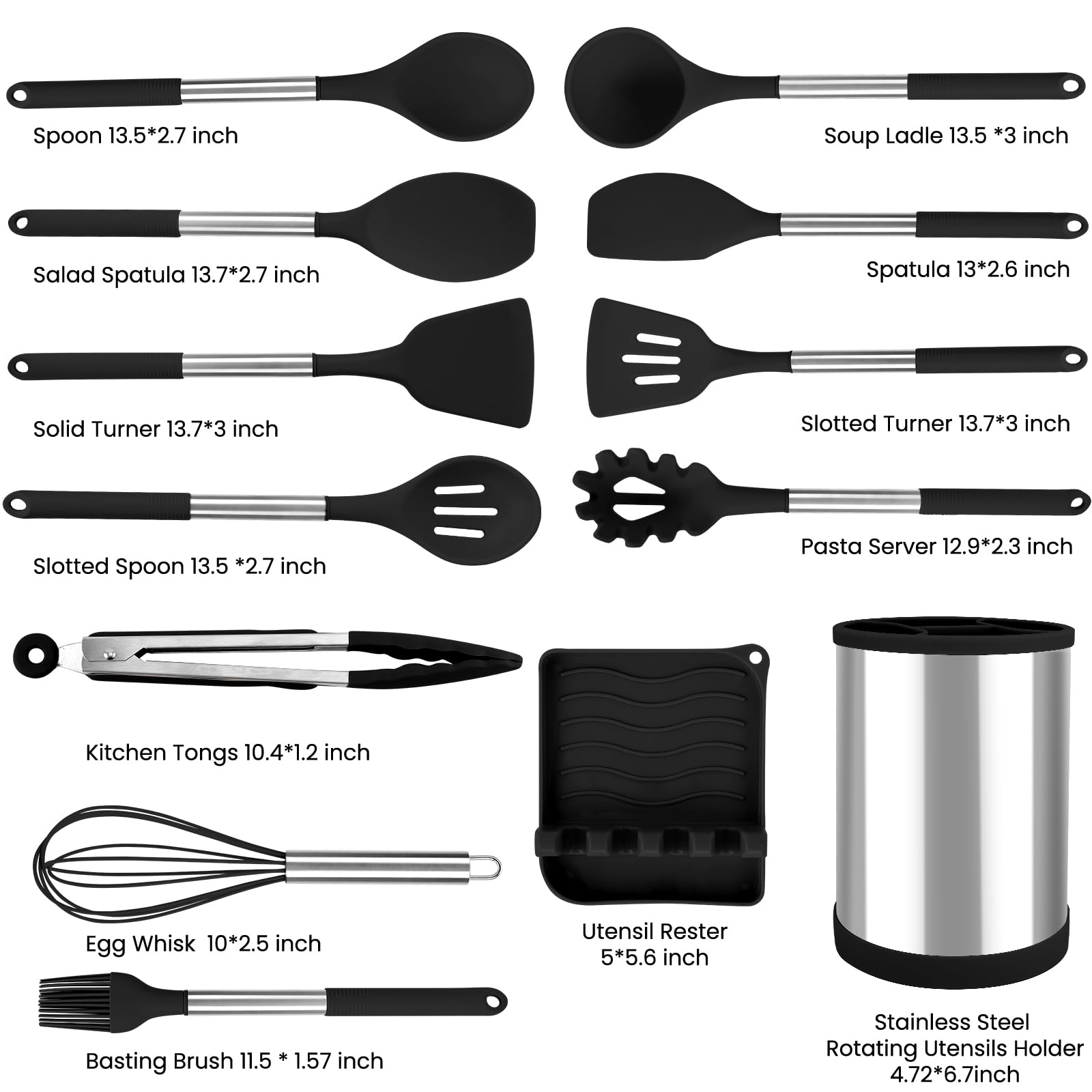HOUJIP - Juego de utensilios de cocina de silicona, 13 piezas, antiadherentes, resistentes al calor, mango de acero inoxidable sin BPA, soporte giratorio de acero inoxidable, color negro