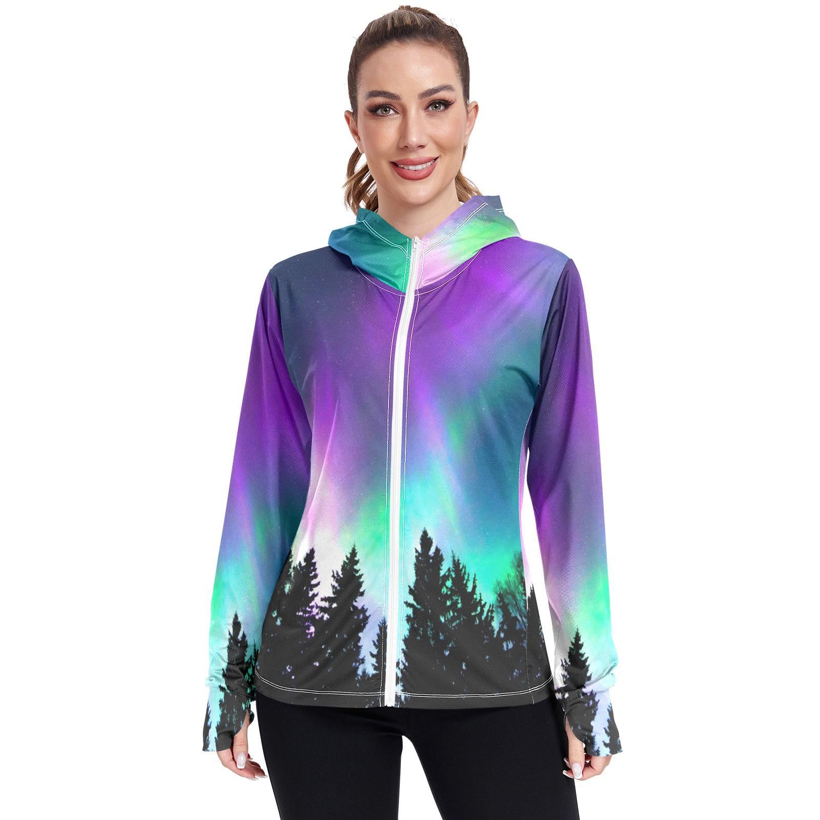 Northern Lights Aurora Borealis Women's UPF 50+ Sun Protection UV Jacket - Zip Up Hoodie Long Sleeve Hiking Fishing SPF Performance Shirt with Pockets Thumbhole