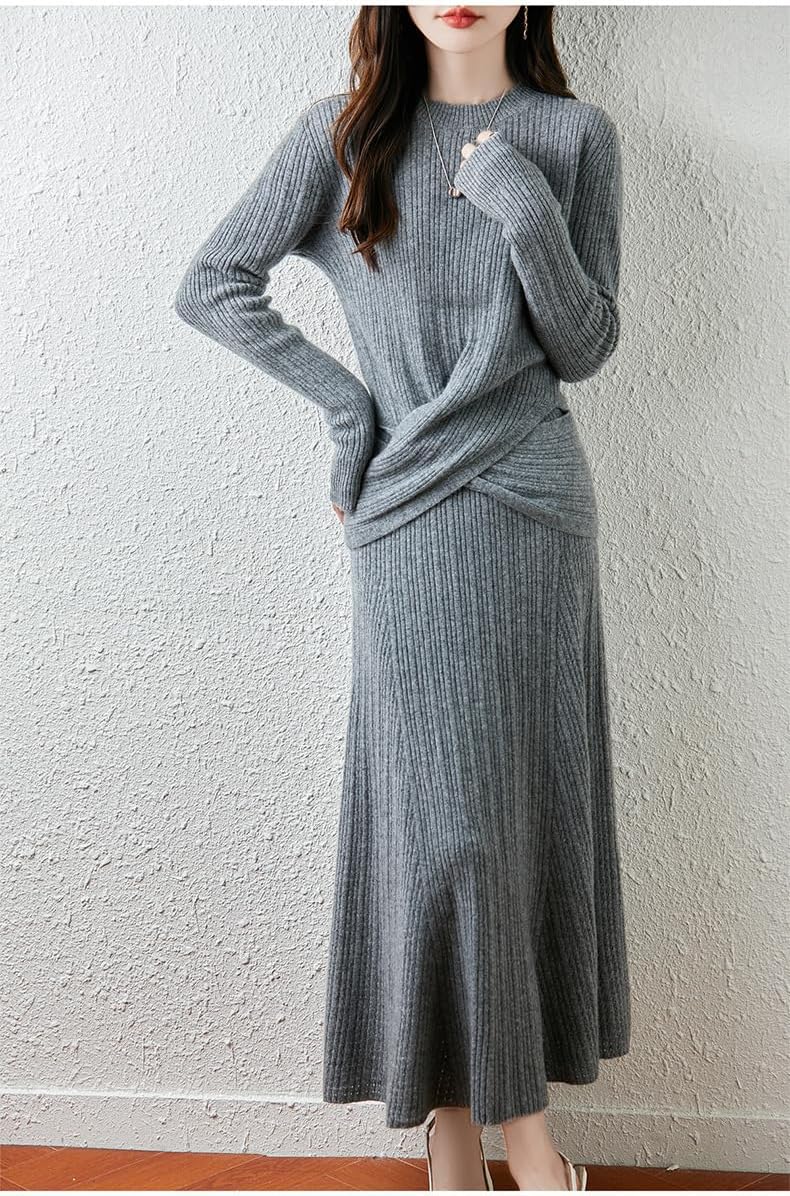 [Arklove] シルエット設計 レディース ウールセットアップ セーター+プリーツスカート 2点セット 冬服 通勤 オフィス 上