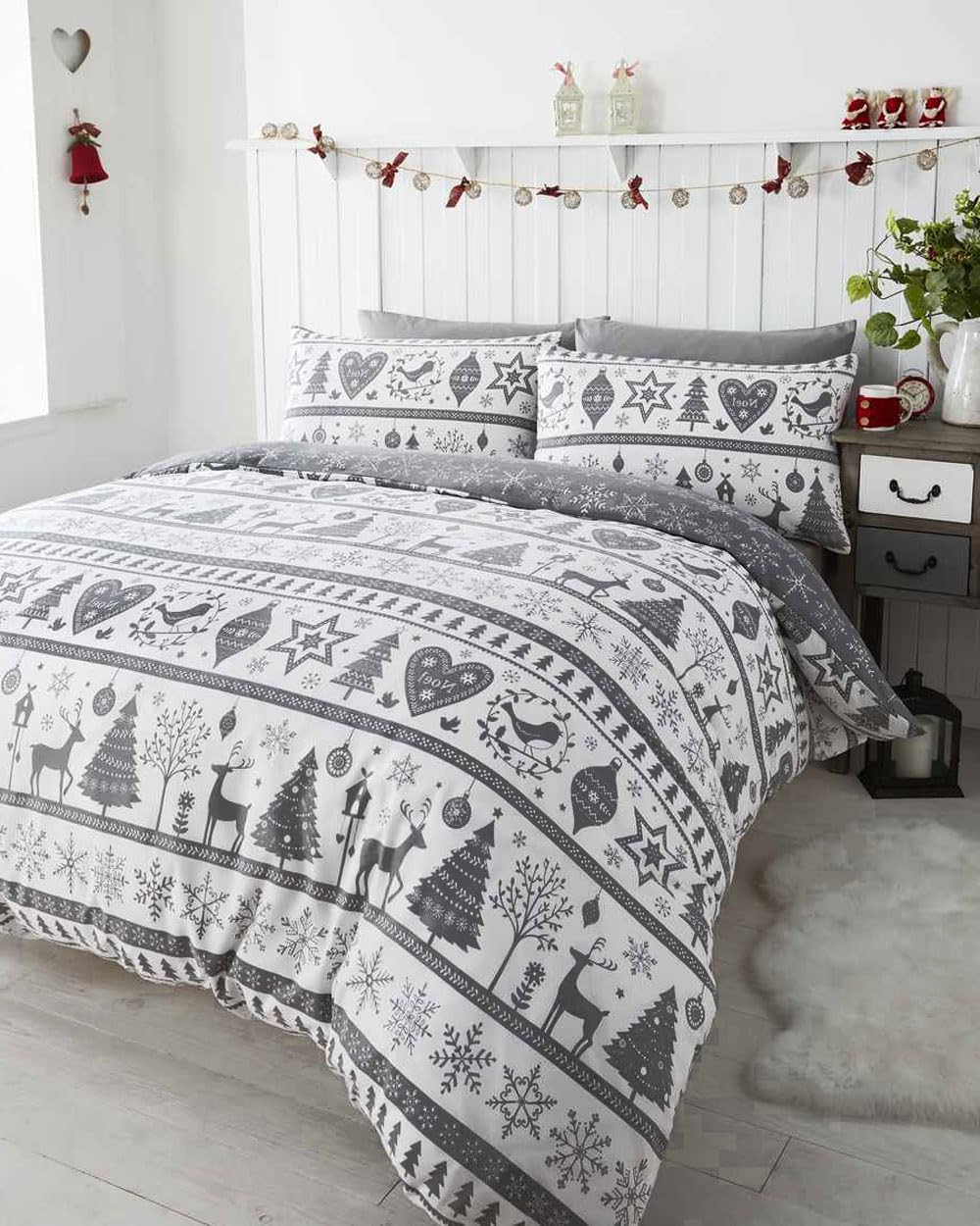Homemaker Bedding (Grey, Double) Christmas Bedding Duvet Cover Set Teal Xmas Reindeer Stag Tree Festive Home