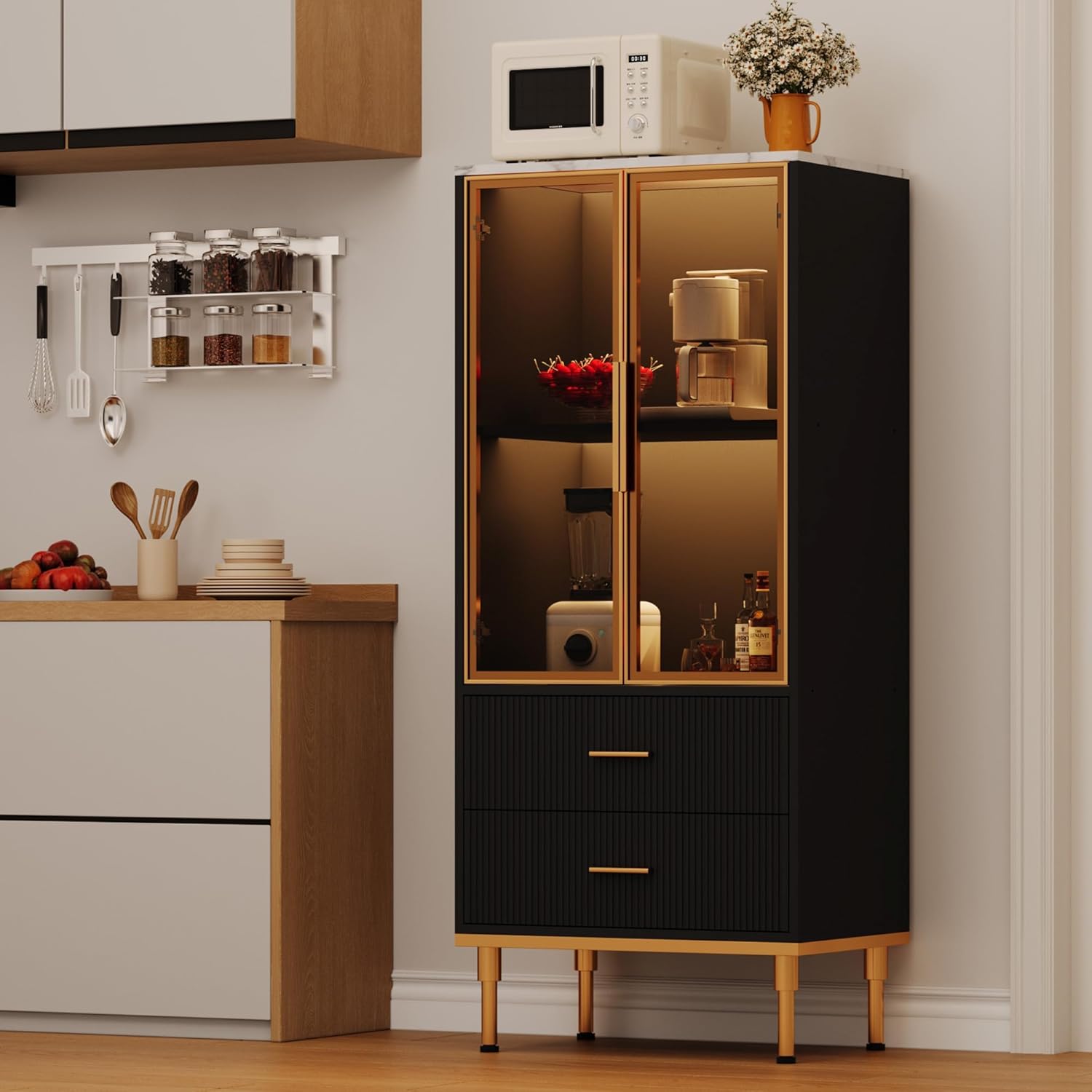 Garvee Fluted Pantry Cabinet with Glass Door and 2 Drawers, Kitchen Pantry Storage Cabinet with Adjustable Shelves, Modern Display Sideboard for Kitchen, Dining Room, Living Room, Black