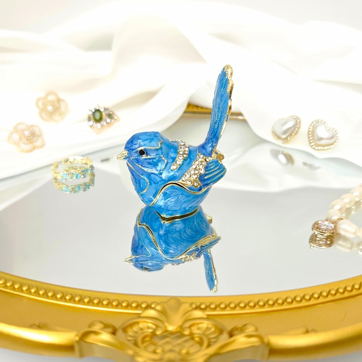 Mini Bird Trinket Box, Vintage Metal Enameled Bird Figurine, Rings Earrings Small Jewelry Box Decorative Hand-Painted Collectible Animal Statue Gift for Girls Women, Blue - Image 3