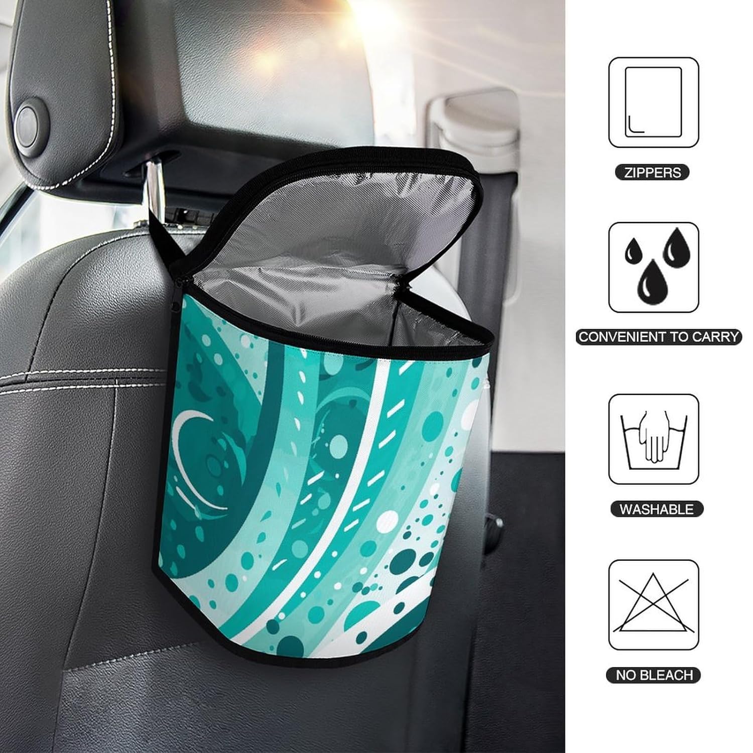 MUSM Leakproof Car Trash Can 2.5 Gallon, Durable Automotive Garbage Bag with Waterproof Liner, Turquoise and White Circle Trash Bag for Car, Truck, RV & Bathroom