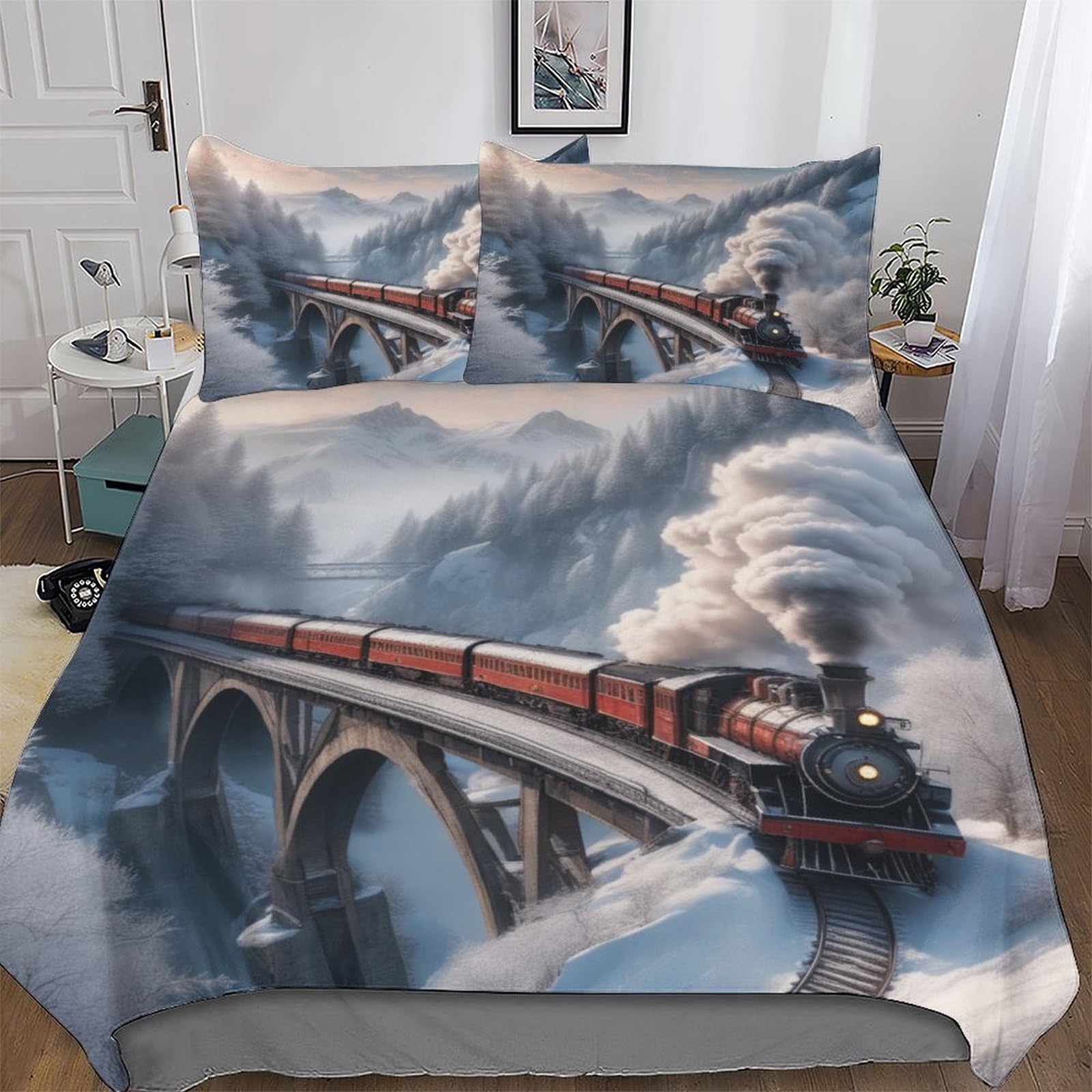 PAZZK Steam Train 3D Duvet Cover Microfiber Hotel Bedding Set Quilt Covers with Pillowcases Super Soft Comforter Cover with Zipper Closure For Boys, Girls And Teenagers Single (135x200cm)