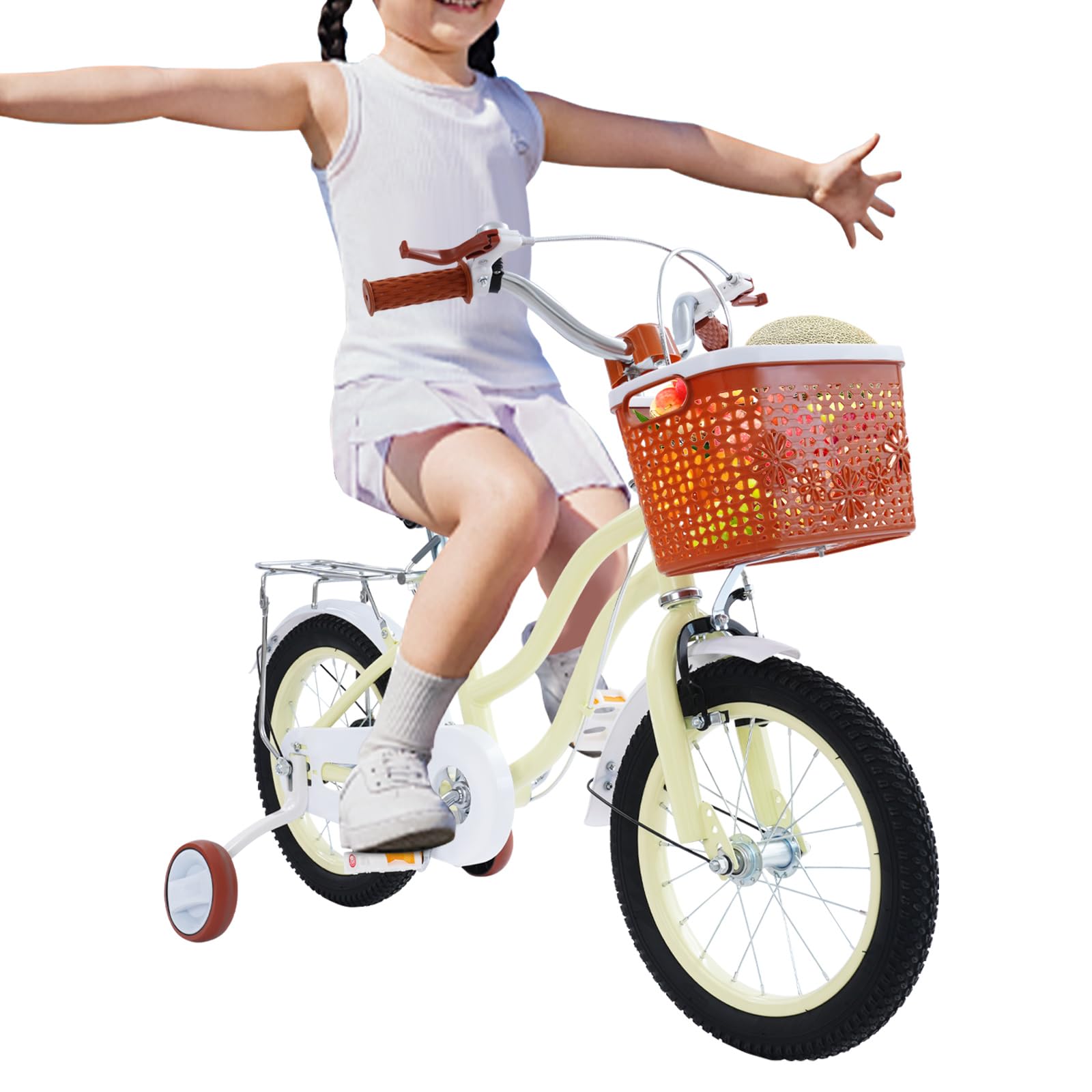 Vélo pour enfant de 14 pouces, avec roues stabilisatrices, panier et siège arrière, pour garçons et filles de 3 à 7 ans, guidon réglable en hauteur, cadre robuste, design rétro pour la ville et