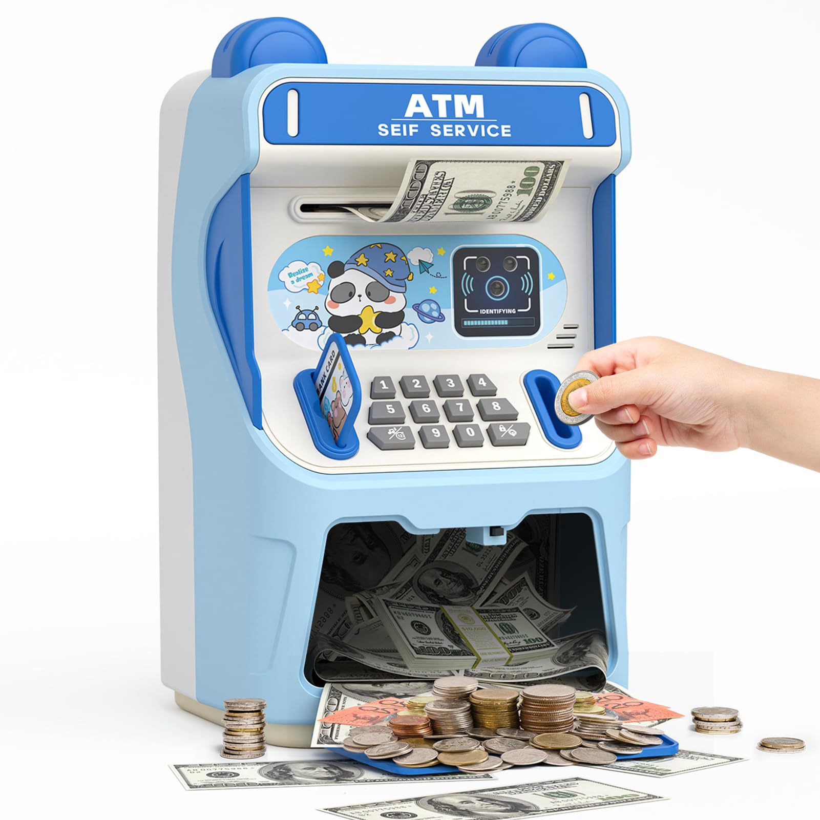 Rabbit ATM Piggy Bank for Girls with Automatic Bill Roller, Electronic Coin Bank with Simulated Card Slot & Facial Recognition, ATM Money Saving Box with Music Function for Kids(Blue)