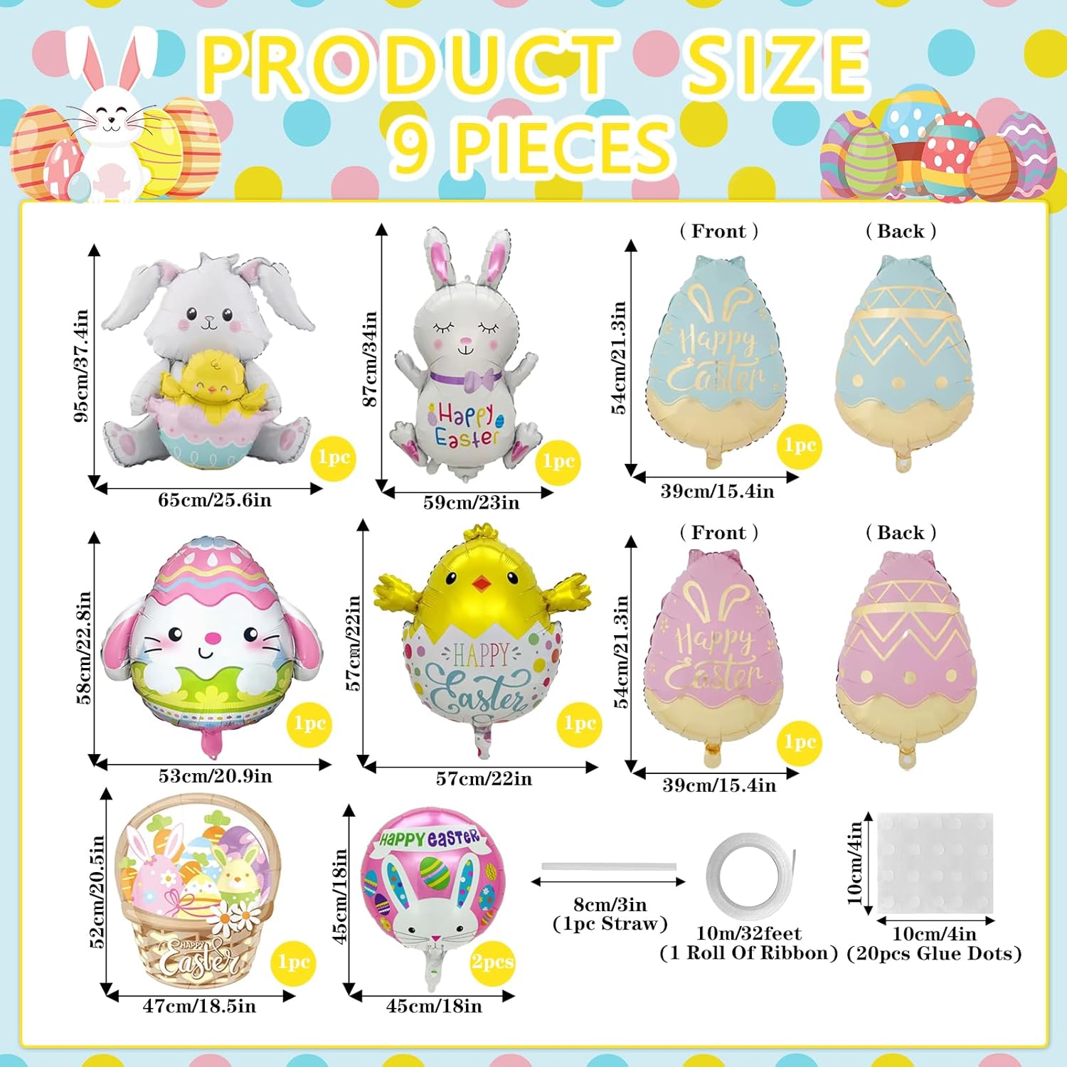 9 Pcs Easter Foil Balloons 37 Inch Bunny Balloon Easter Egg Chick Happy Easter Mylar Balloons Party Decorations