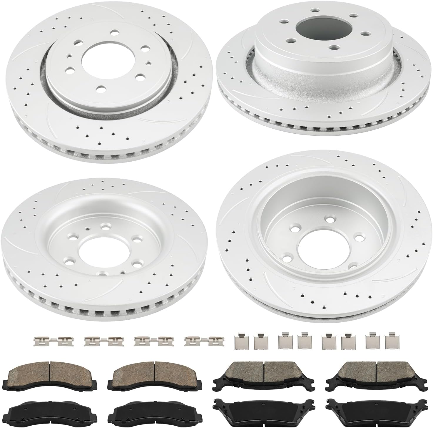KAX 13.78" Front & 13.71" Rear Drilled and Slotted Rotors and Pads Kit For Ford F-150 2012-2014 5.0L, 3.5T, 3.7L, 6.2L, 2015-2020, #54153+54186+D1414+D1602 Front and Rear Brake Rotors and Pads Kit