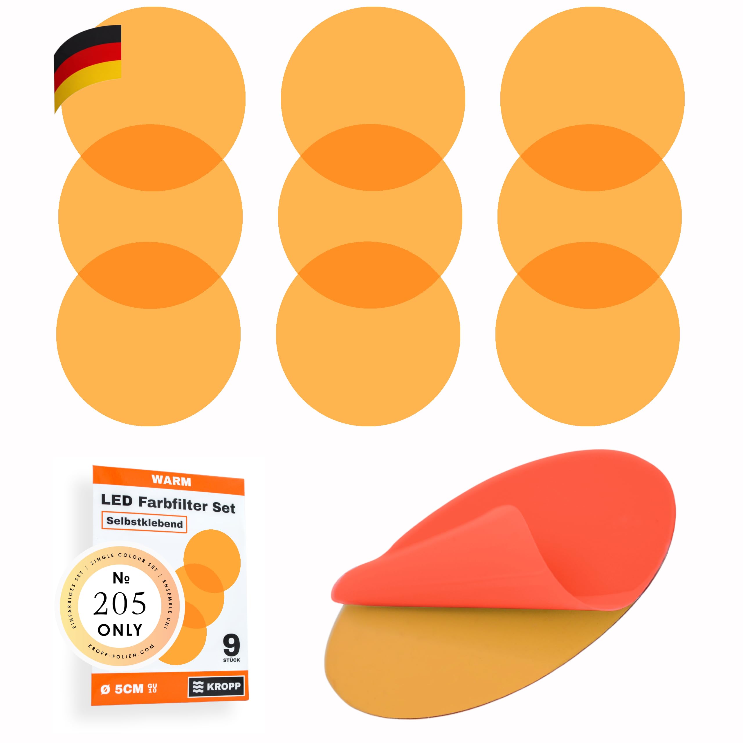 KROPP 9 pellicole autoadesive colorate per lampade a LED, taglio circolare da 5 cm, filtro colore bianco caldo per la correzione del colore, spessore medio, luce diurna a luce incandescente, set di