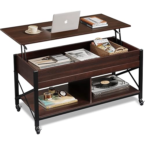 WLIVE Lift Top Coffee Table for Living Room,Coffee Table with Storage,Hidden Compartment and Metal Frame, Central Table with 4 Casters for Reception Room,Espresso.