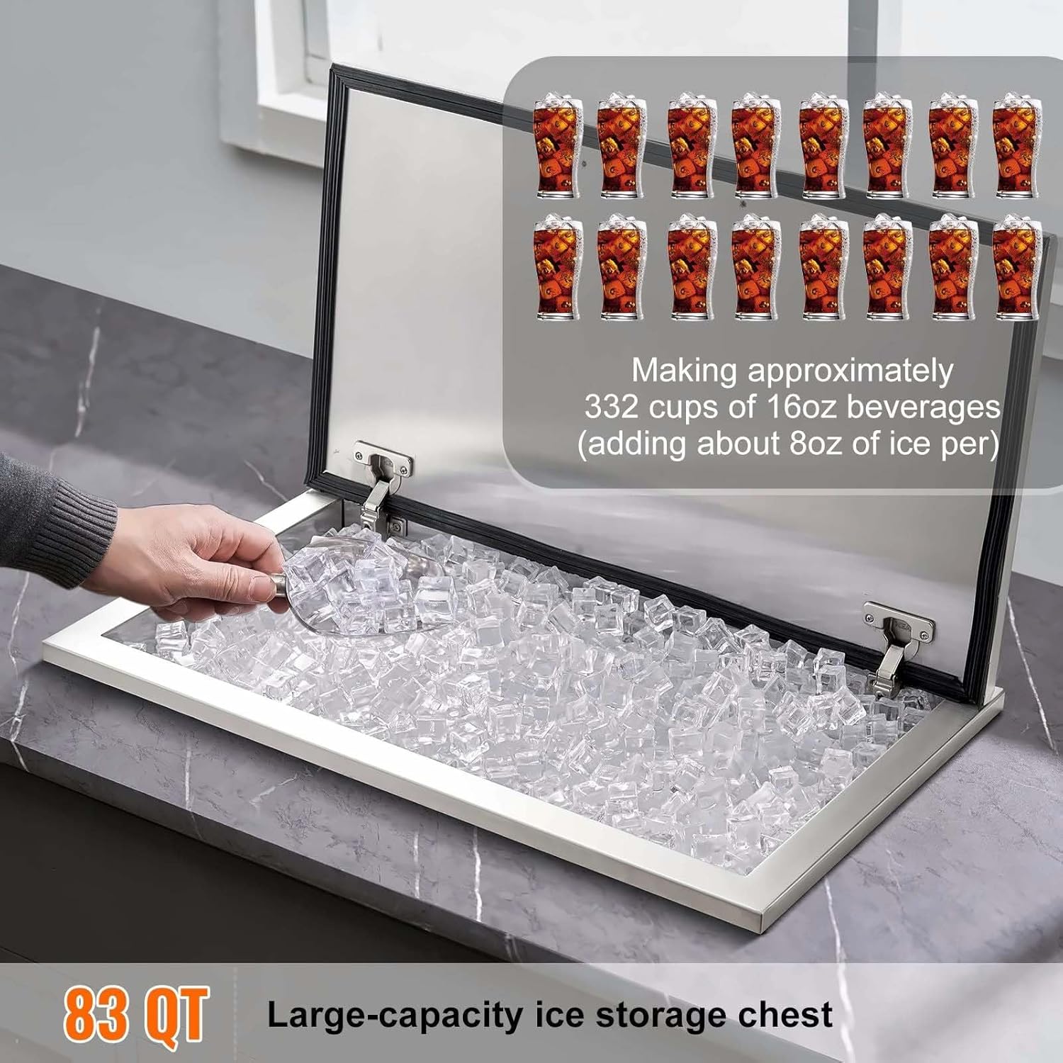 Stainless Steel Drop in Ice Chest - 40 qt, 24x20x15, Outdoor Bar Ice Cooler, 83QT Capacity, Hinged Lid, Drain Plug, for Beer, Wine & Beverages