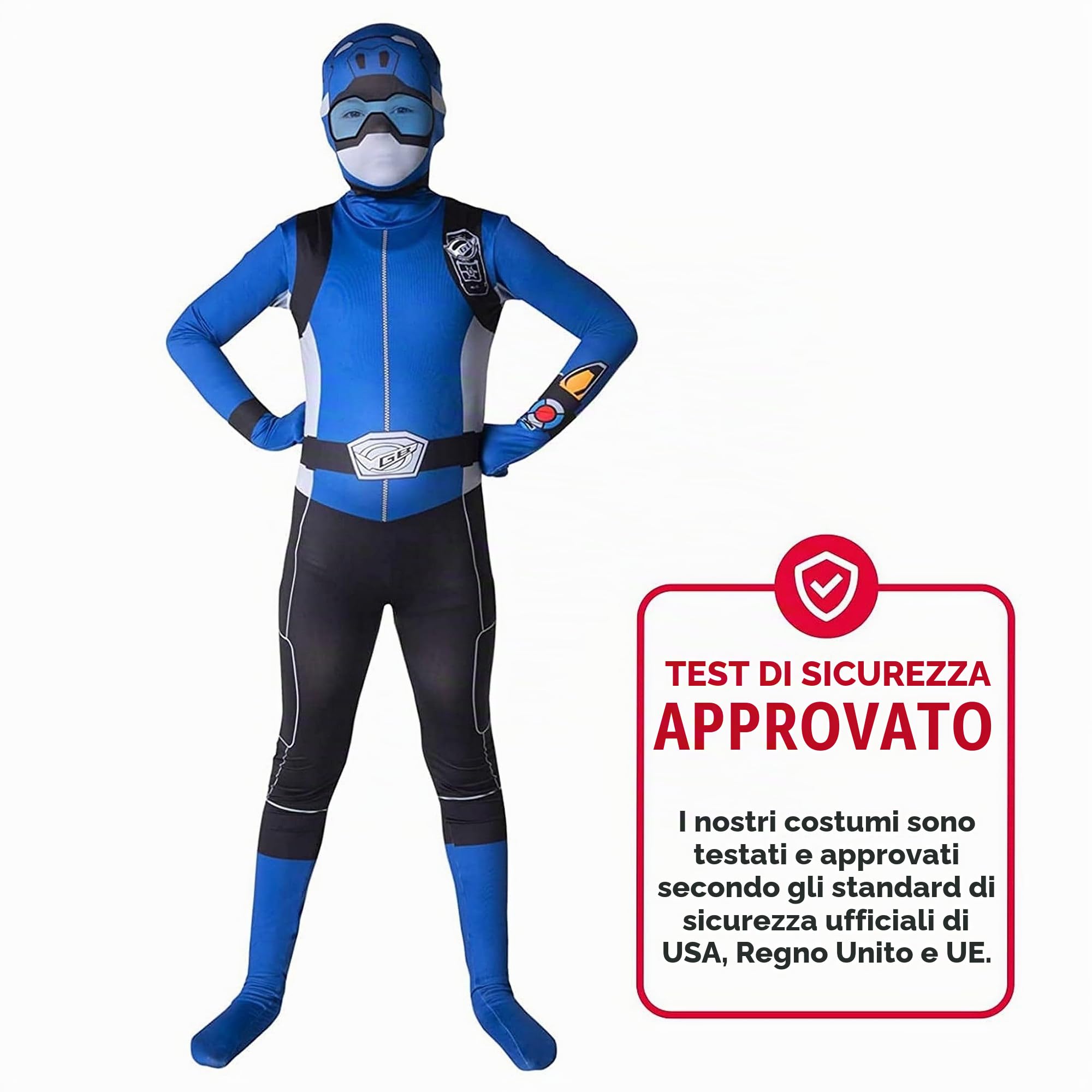 Morphsuits Costume Power Ranger Blu Bambino, Tuta Halloween Bambino | Tuta Integrale con Cappuccio e Visiera, Design Ranger Blu, Chiusura con Zip, Perfetto per Halloween, Ideale per il Cosplay