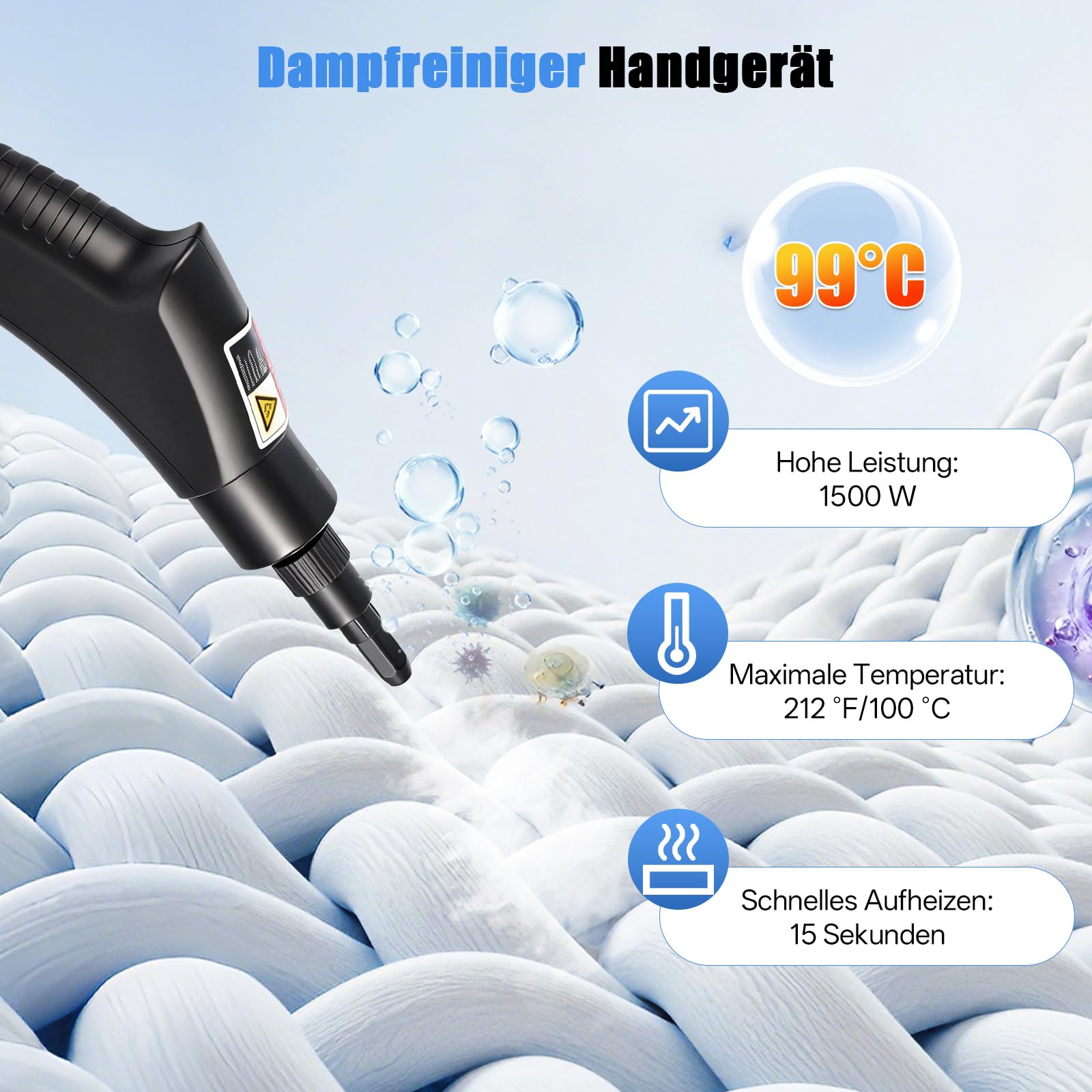 Dampfreiniger Handgerät, 1600W Handdampfreiniger mit 1.4L Tank Handdampfreiniger, Dampfdruck 3 Bar, Aufheizzeit: 15 s, für Bodendampfer, Ofen, Teppich, Sofa, Polster, Bettwanzen, Auto