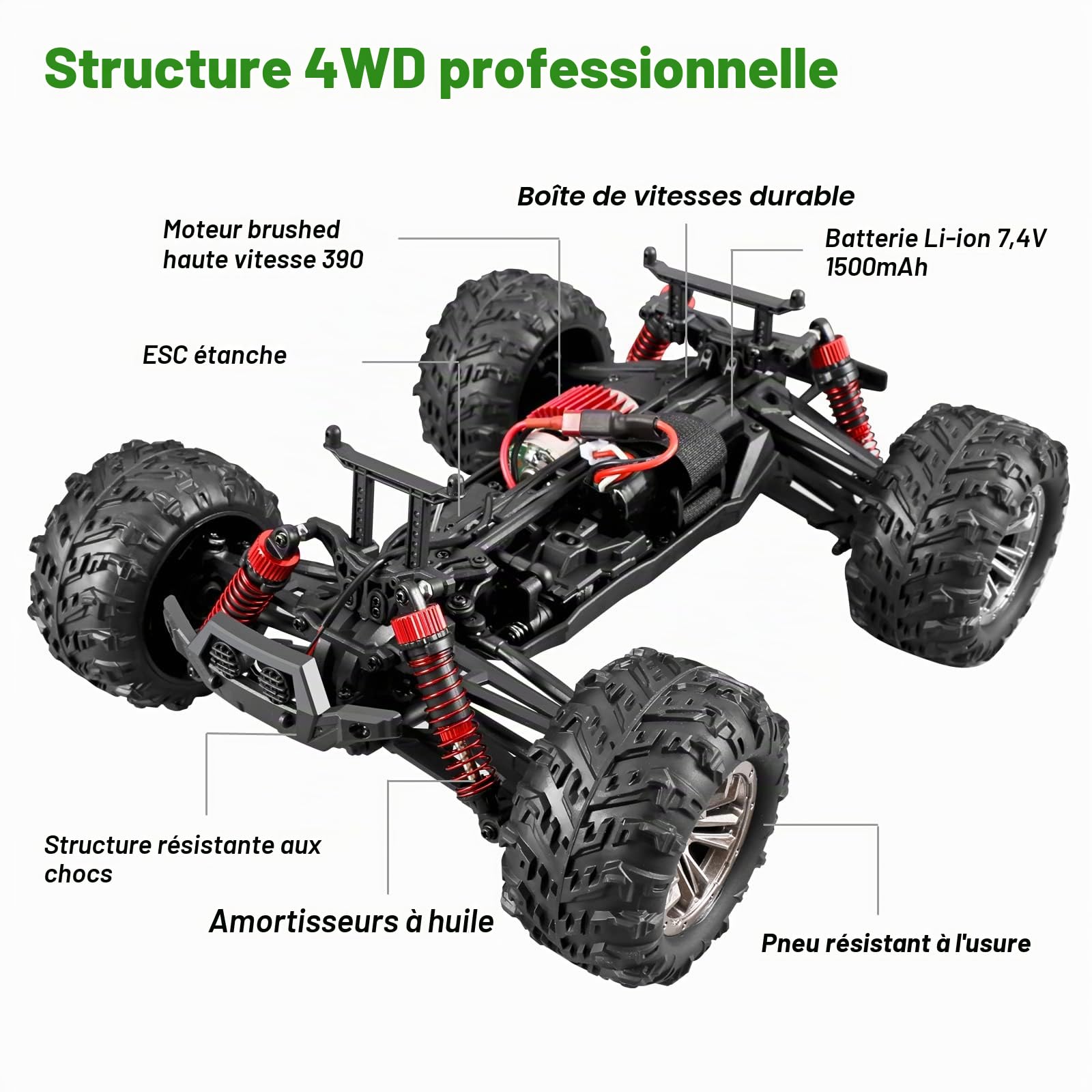 YONCHER YC200 Voiture Télécommandée Tout Terrain, 1/16 45km/h RC Voiture, 2.4GHz 4WD Camion Telecommande pour Adulte Enfants, 4x4 Offroad RC Crawlers Véhicule 2 Batteries 55min+